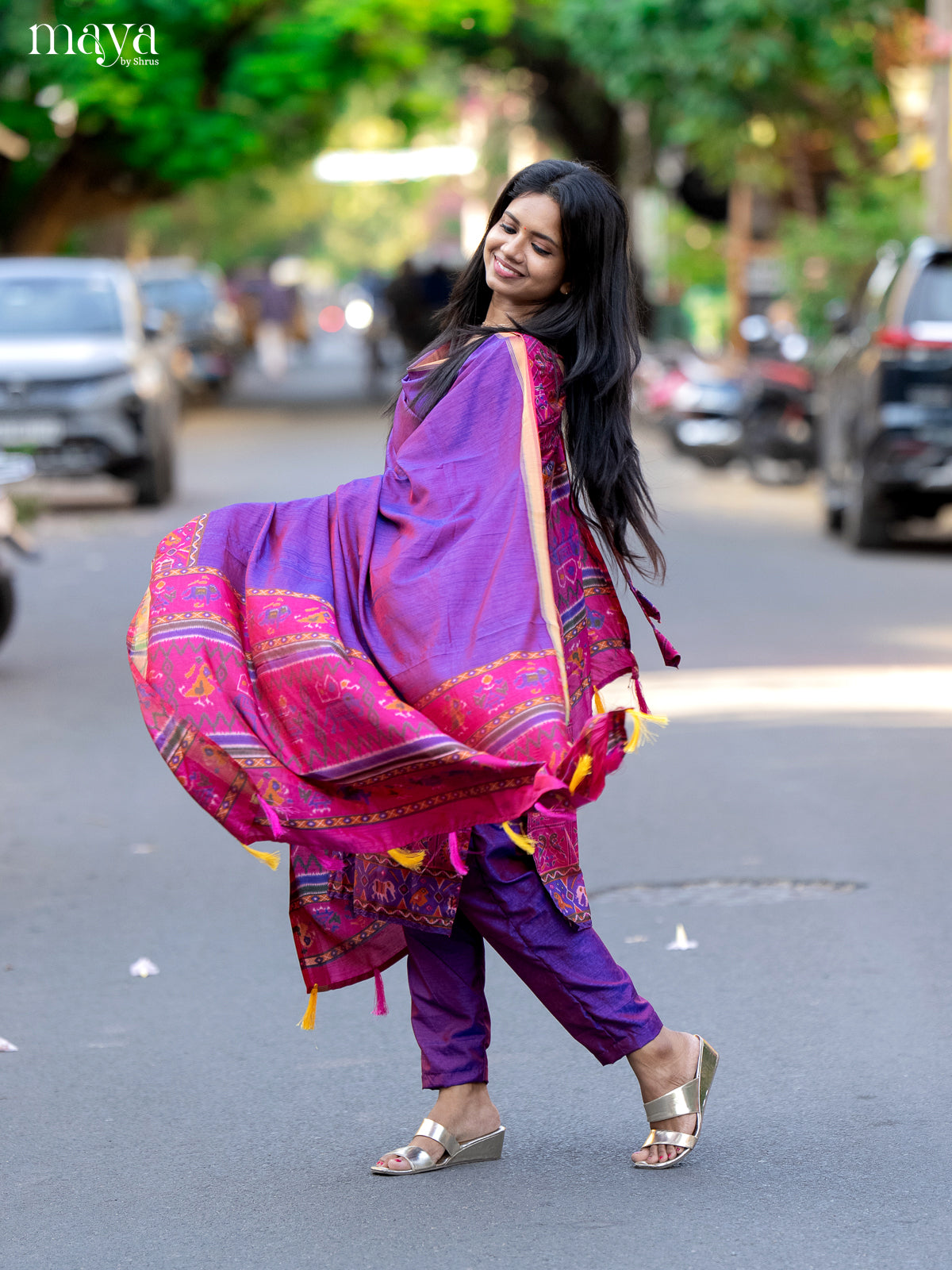 Pink & Purple- semi patola Unstitched Top, Bottom & Dupatta - CKS14017 - Shop on Shrus.com