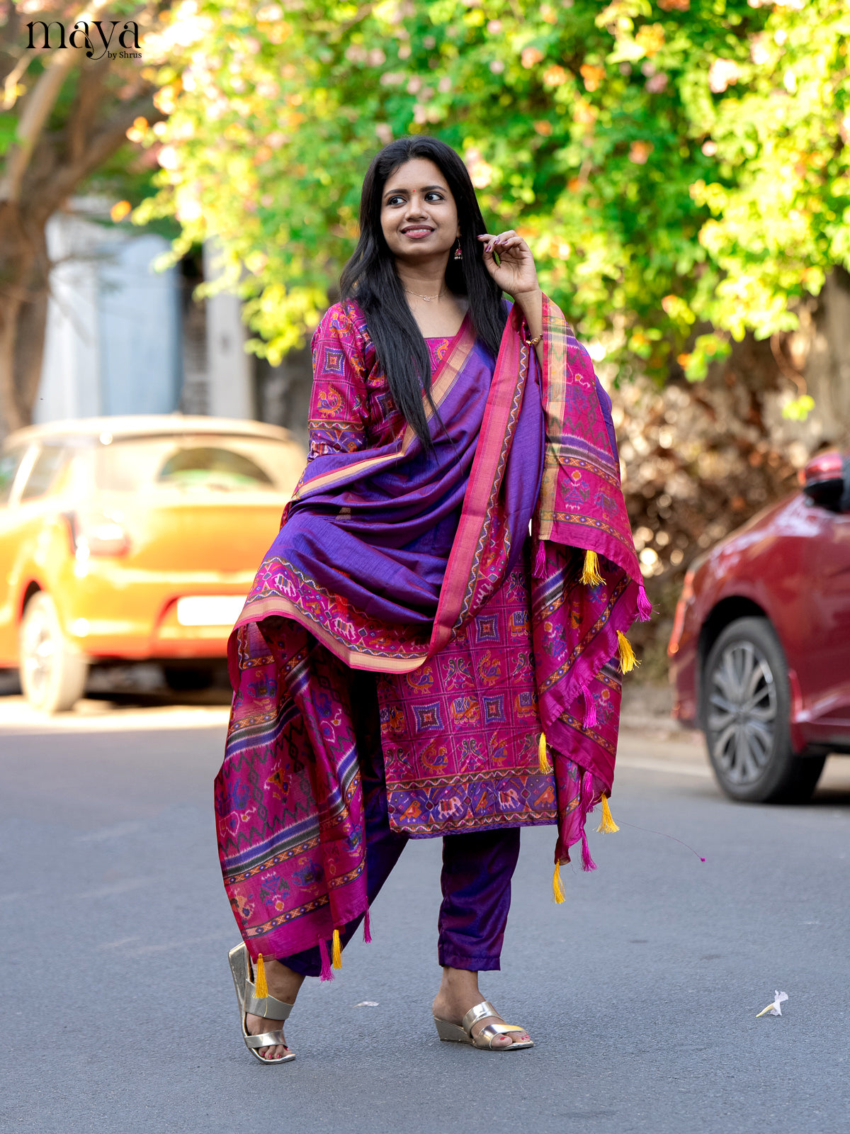 Pink & Purple- semi patola Unstitched Top, Bottom & Dupatta - CKS14017 - Shop on Shrus.com