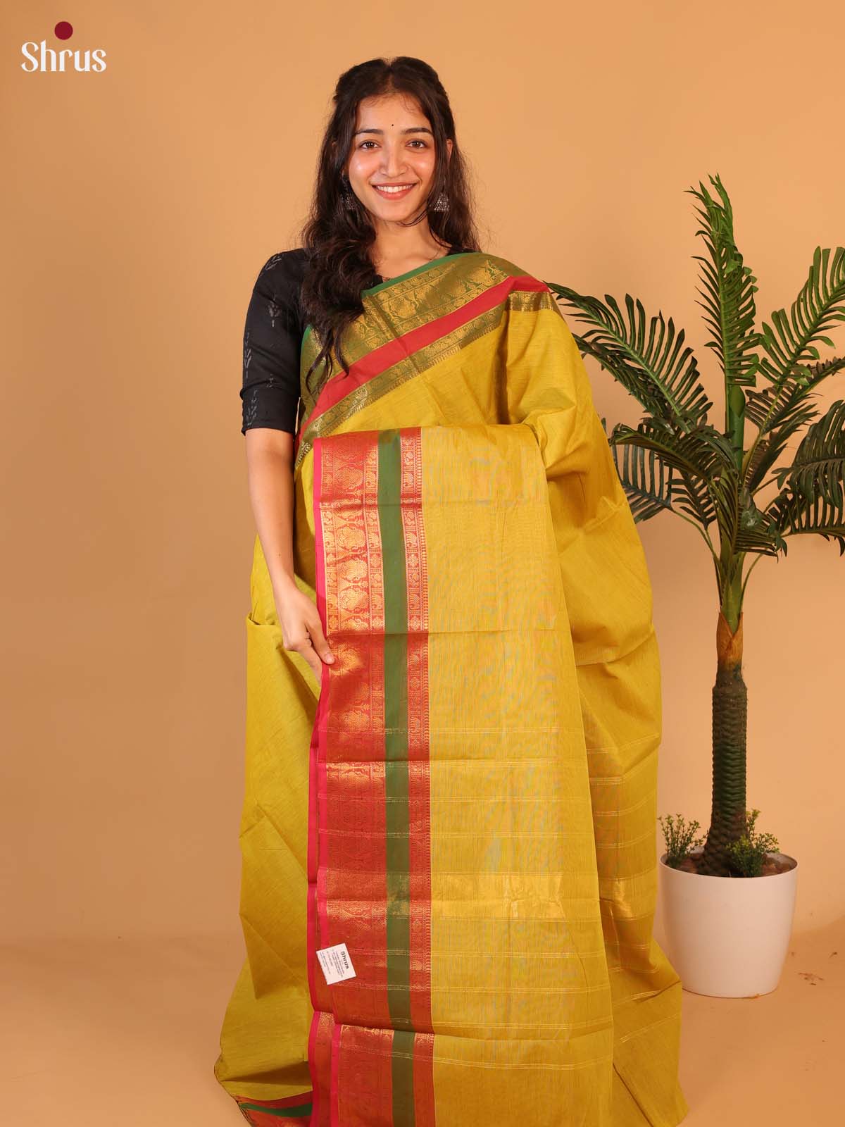 Mustardy Green & Pink - Chettinad Cotton Saree - Shop on Shrus.com