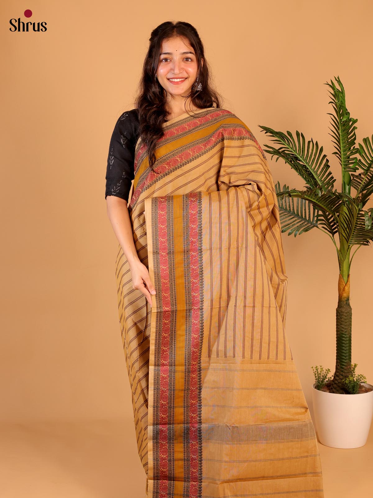 Lite Brown- Chettinad Cotton Saree - Shop on Shrus.com