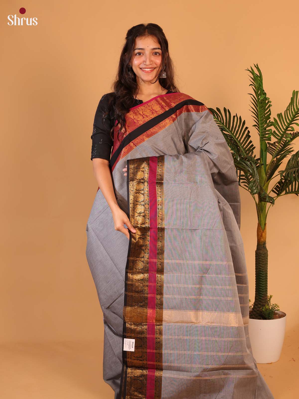Grey & Black - Chettinad Cotton Saree - Shop on Shrus.com