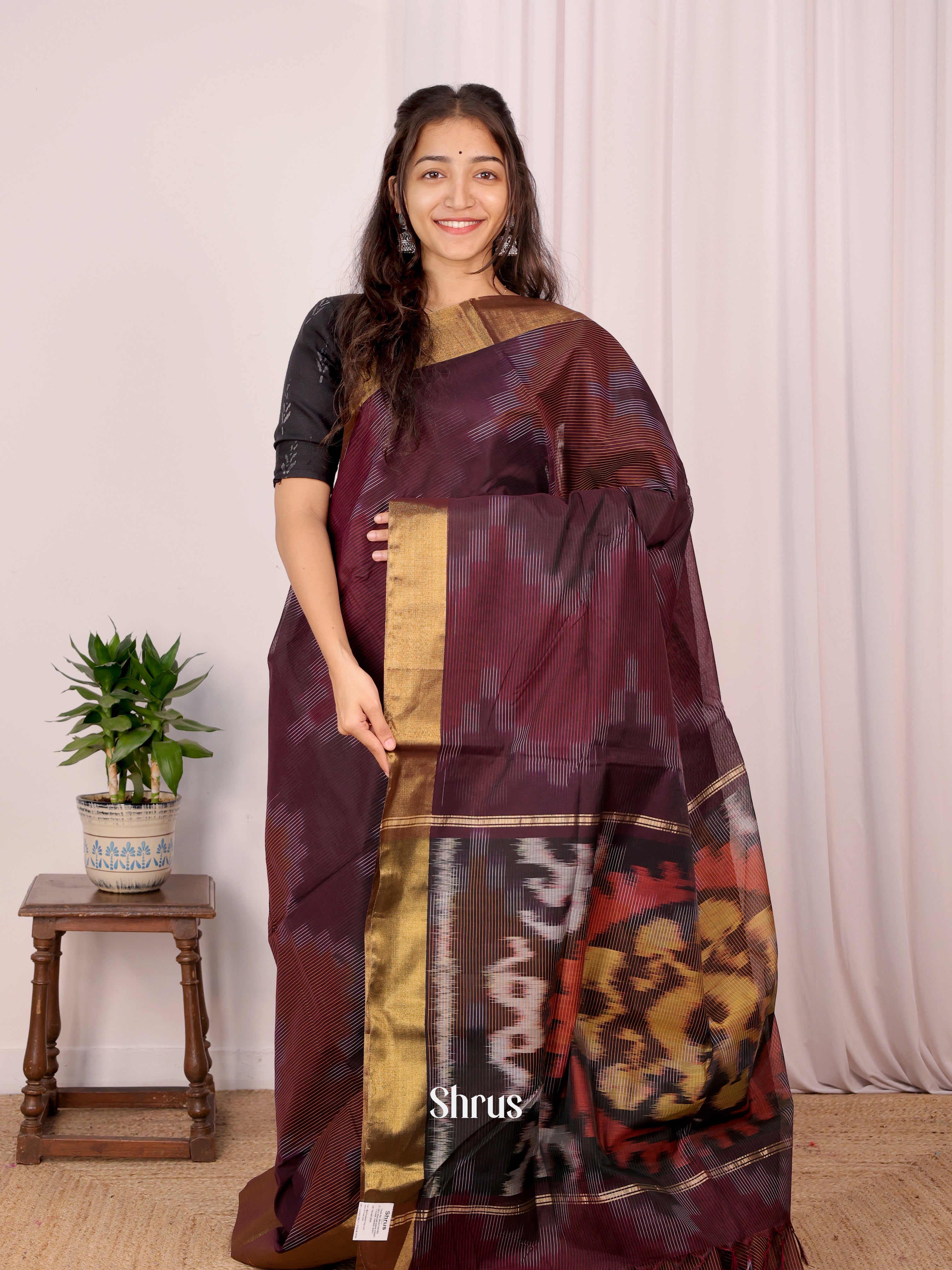 Dark Purple - Ikkat Kora Saree - Shop on Shrus.com