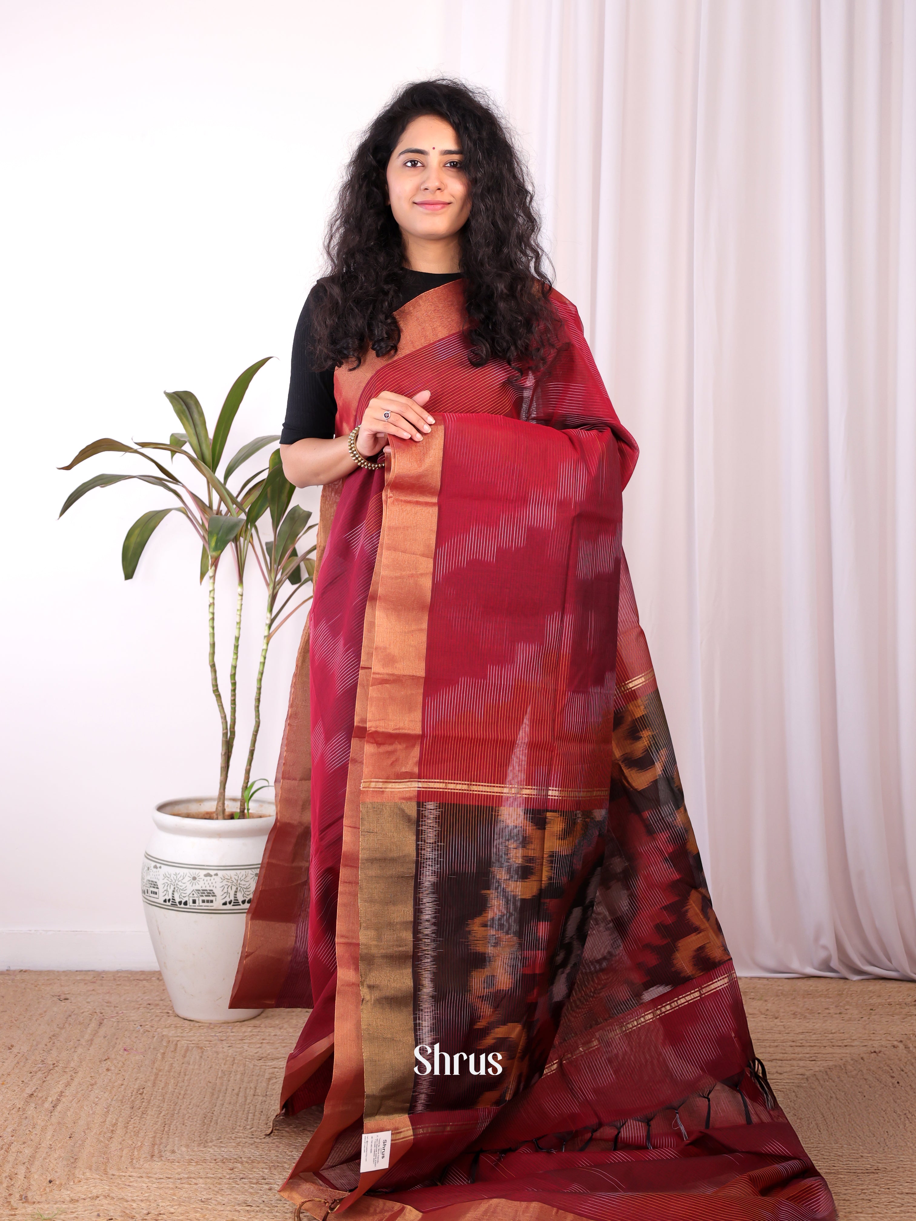 Red & Brown - Ikkat Kora Saree - Shop on Shrus.com