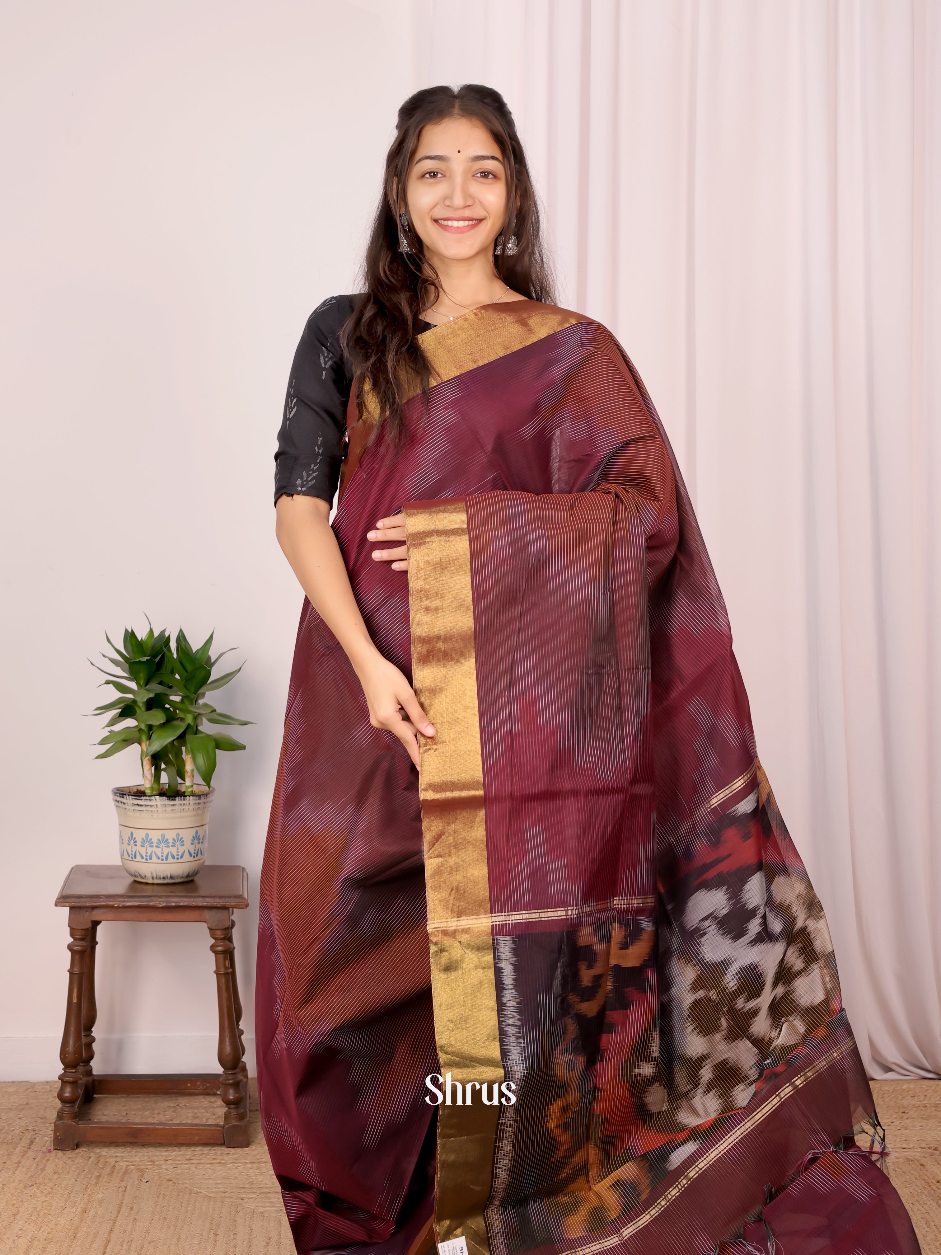 Maroon & Brown - Ikkat Kora Saree - Shop on Shrus.com