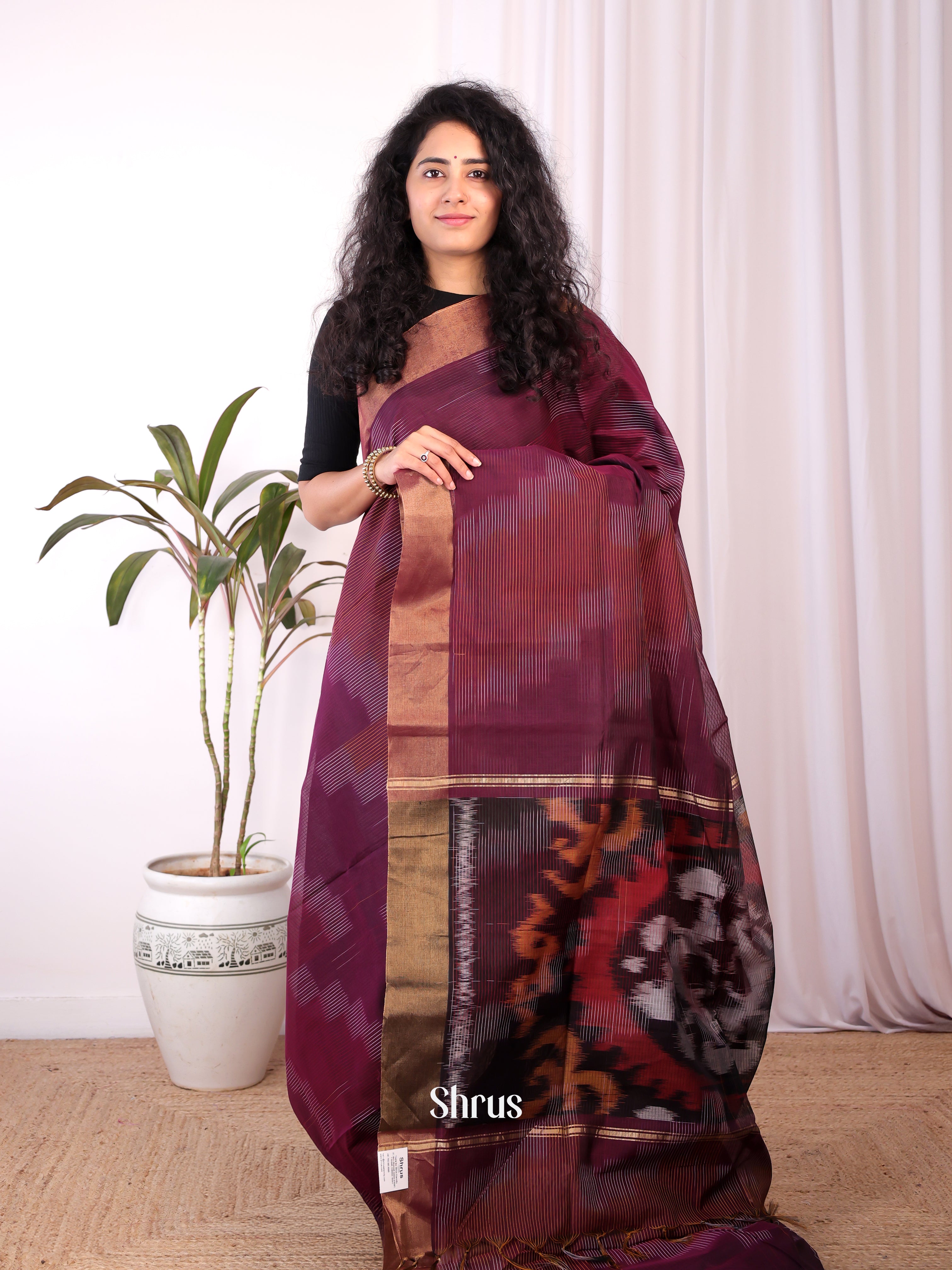 Maroon & Brown - Ikkat Kora Saree - Shop on Shrus.com