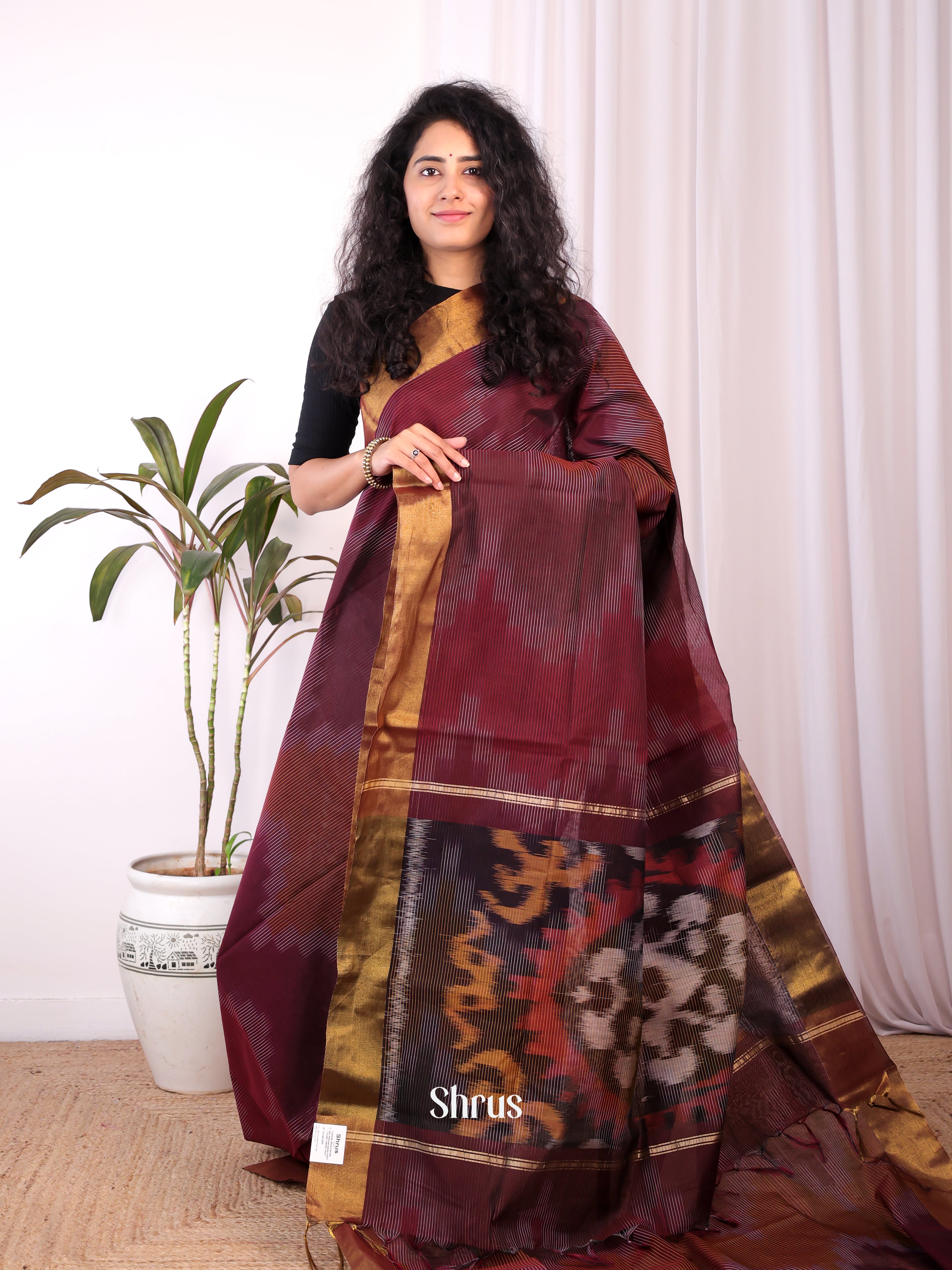 Maroon & Brown - Ikkat Kora Saree - Shop on Shrus.com
