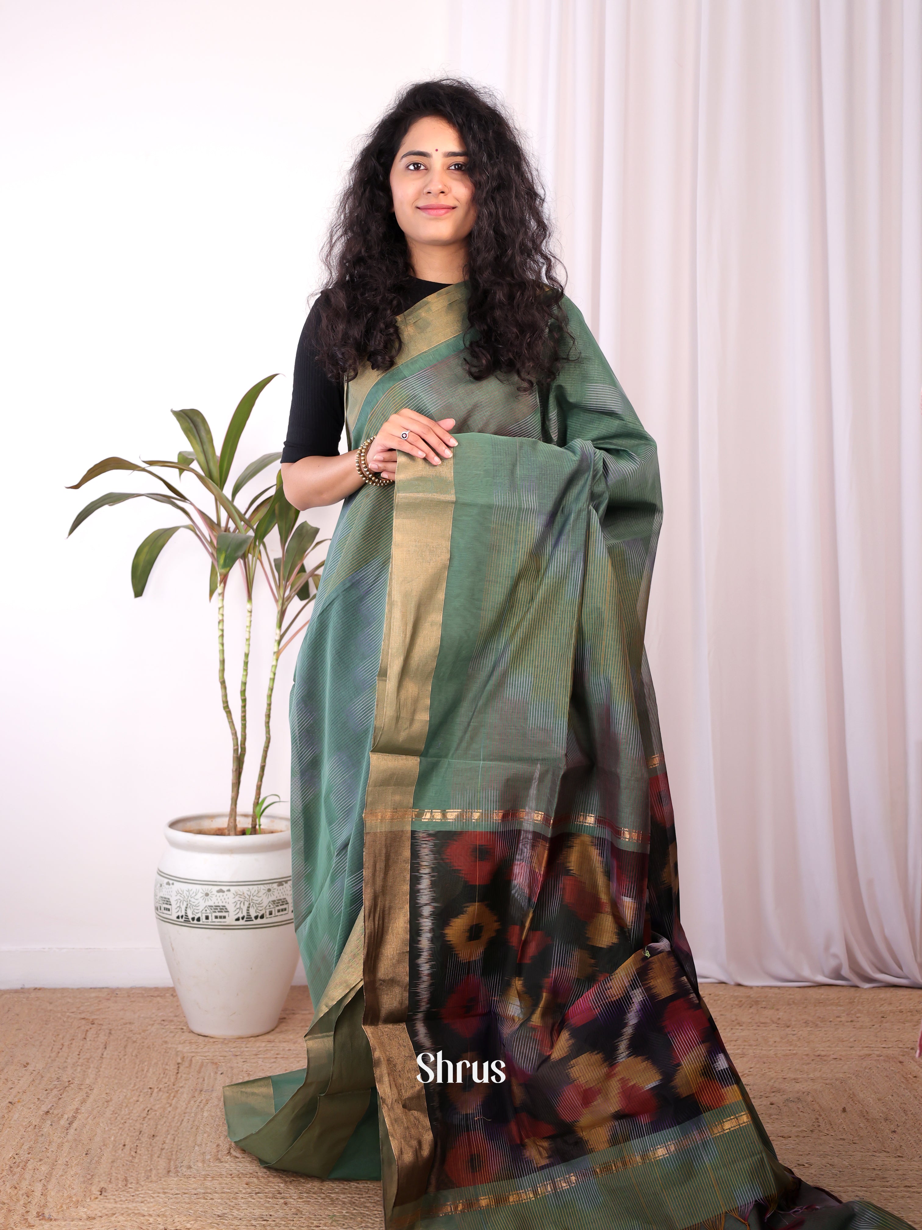 Green - Ikkat Kora Saree - Shop on Shrus.com