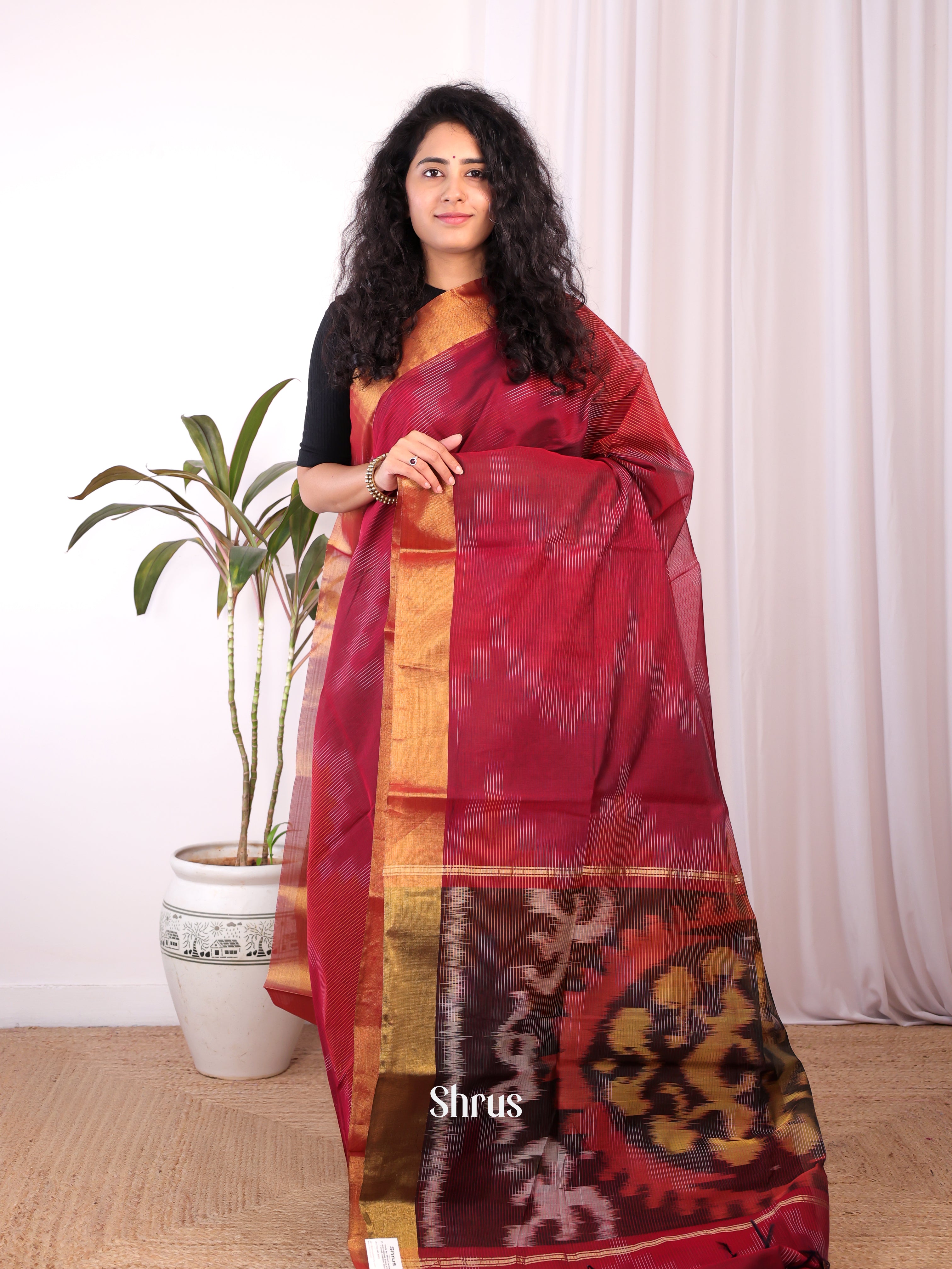 Red & Brown - Ikkat Kora Saree - Shop on Shrus.com