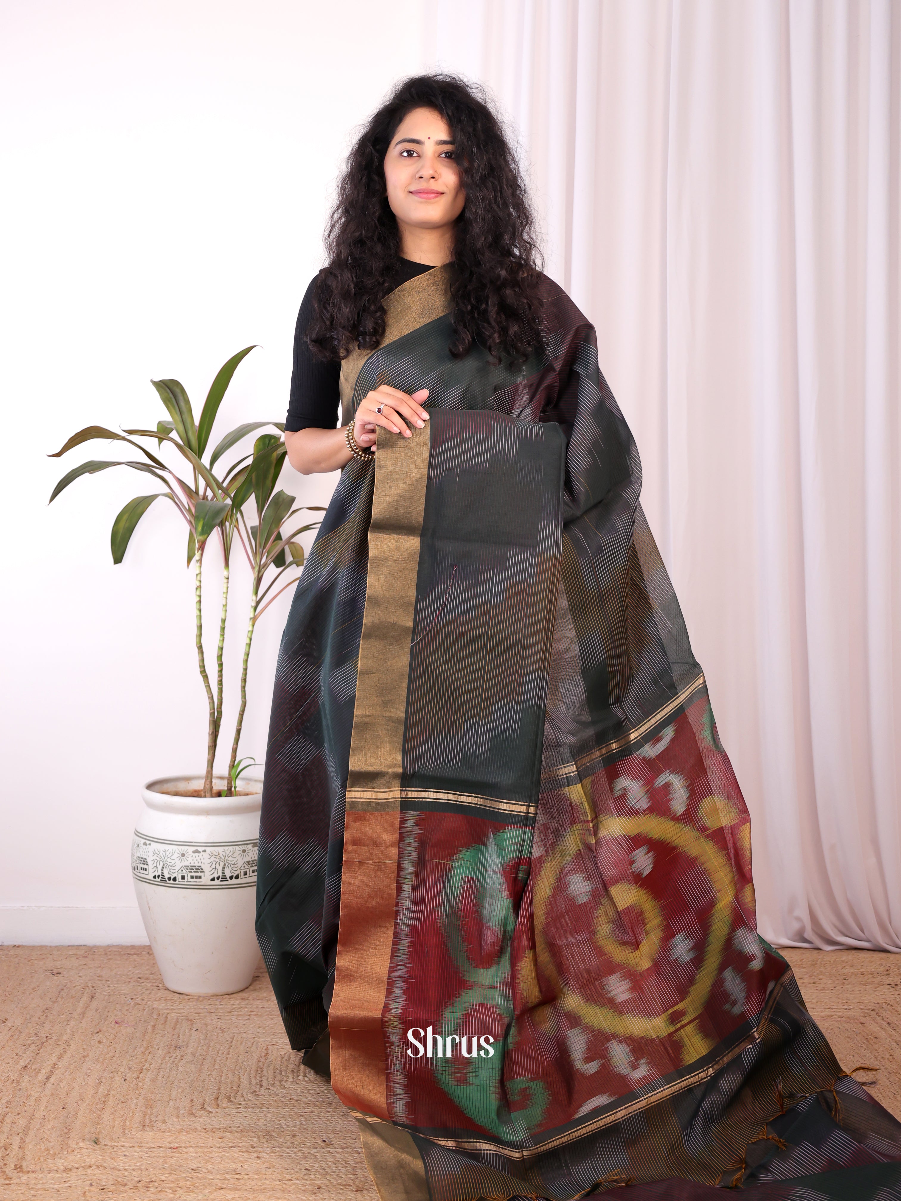 Karupachai & Brown - Ikkat Kora Saree - Shop on Shrus.com