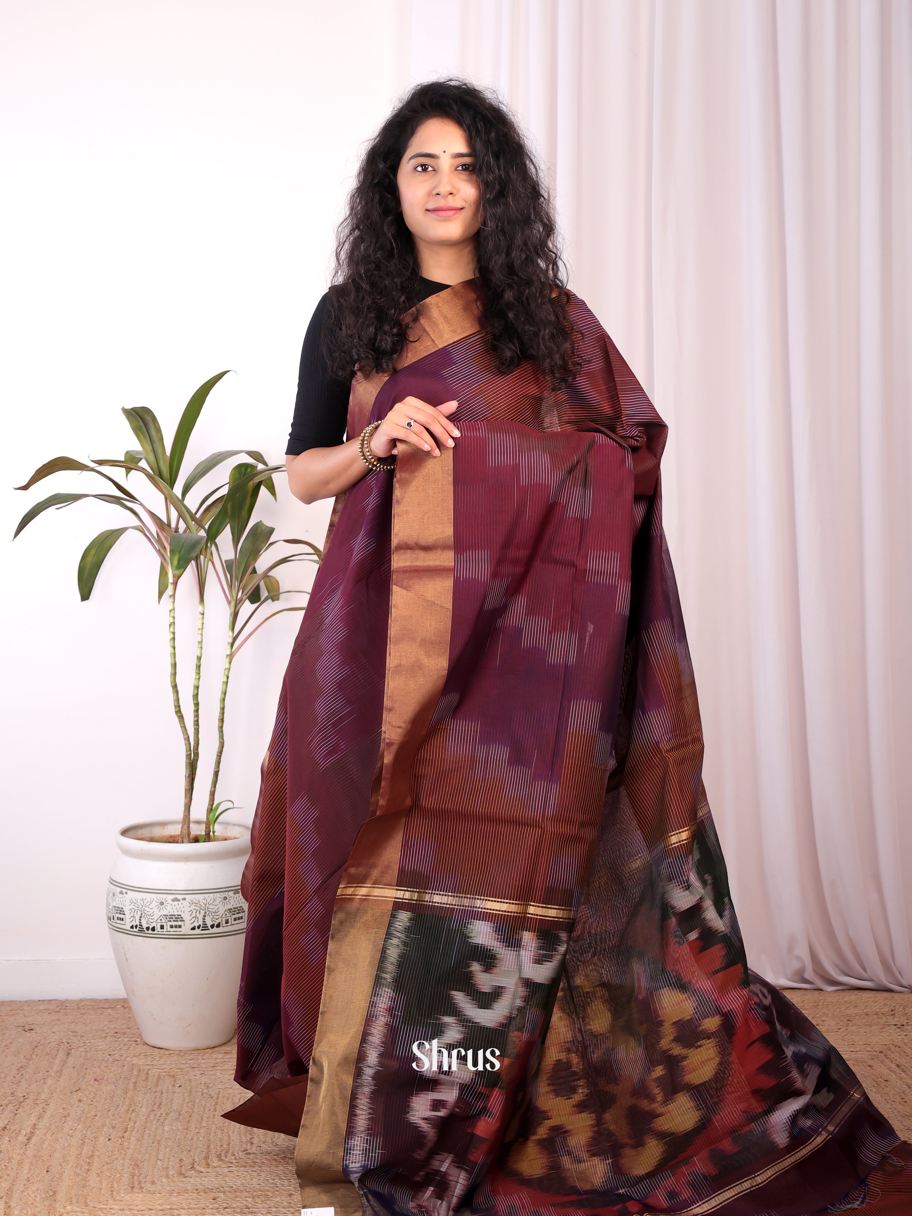 Brown - Ikkat Kora Saree - Shop on Shrus.com