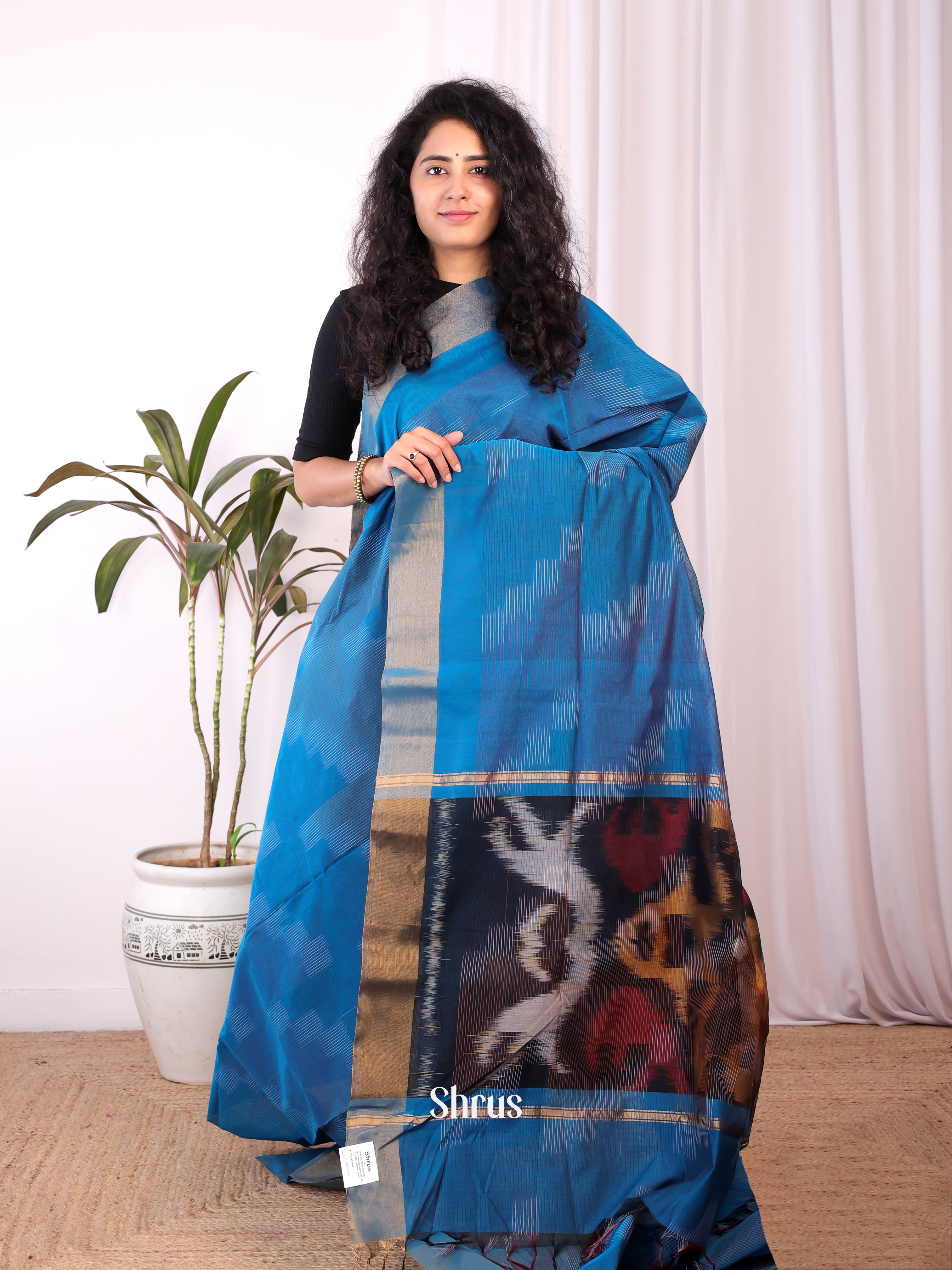 Blue - Ikkat Kora Saree - Shop on Shrus.com