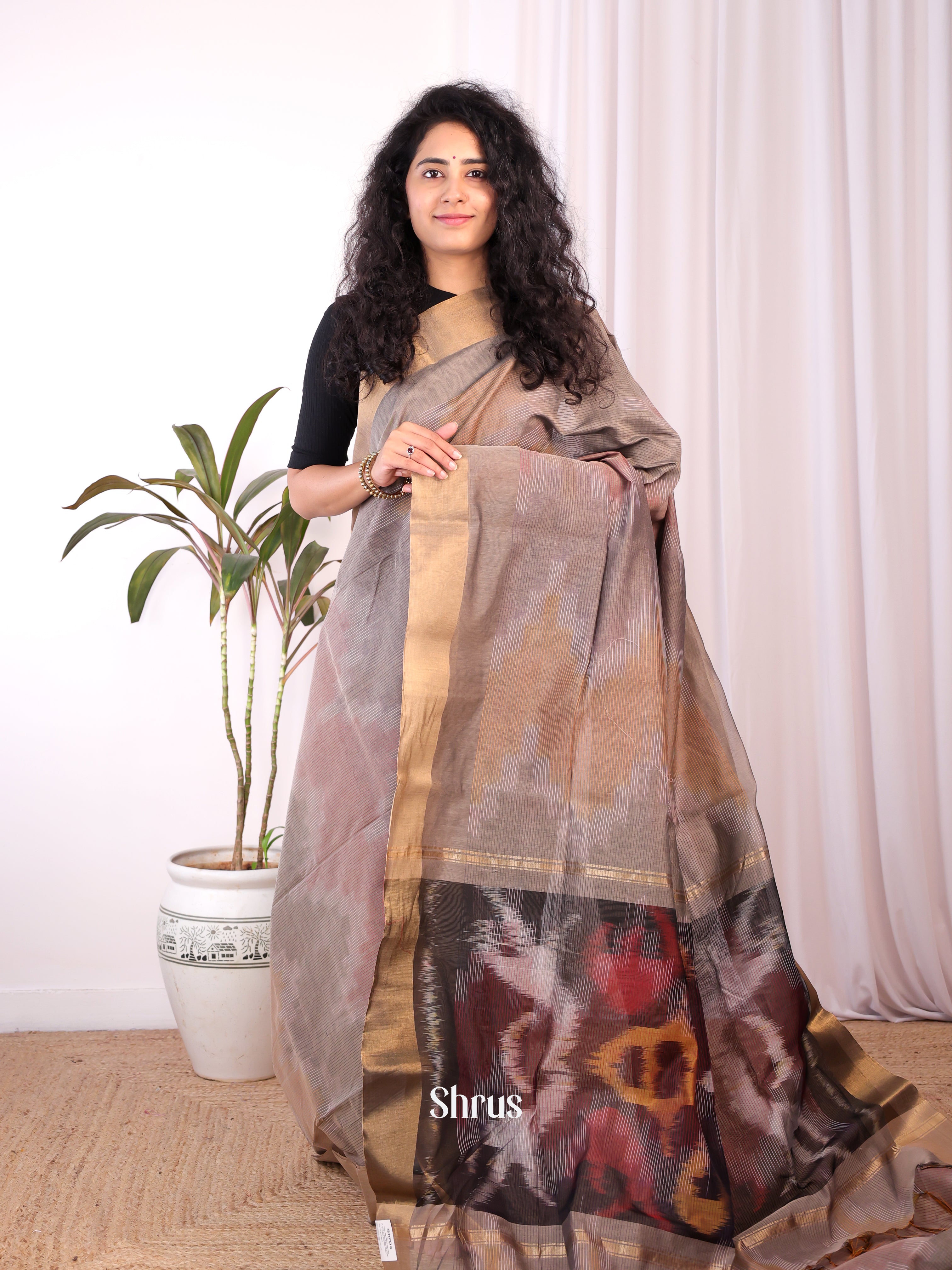 Grey & Brown - Ikkat Kora Saree - Shop on Shrus.com