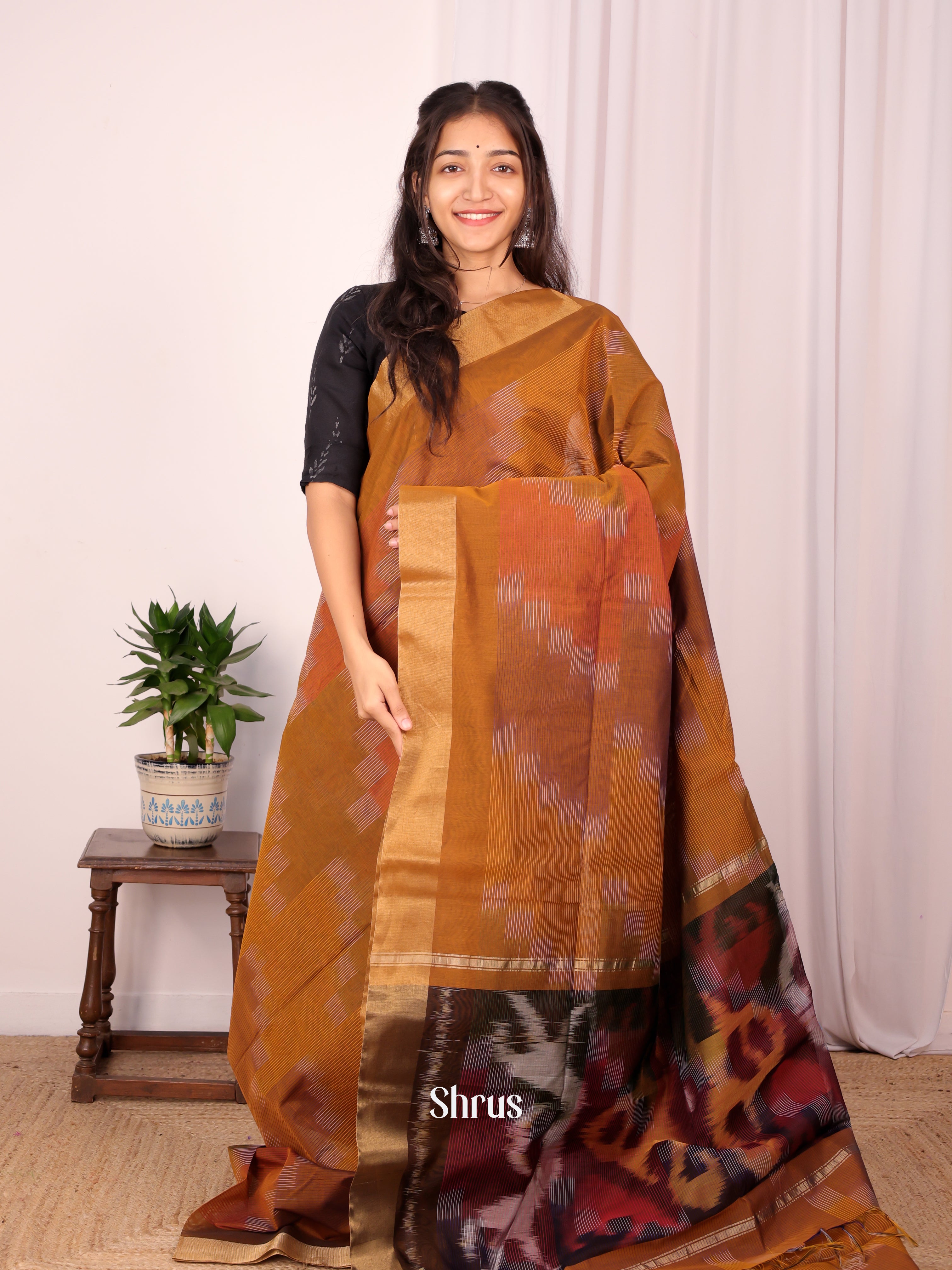 Orange & Brown- Ikkat Kora Saree - Shop on Shrus.com