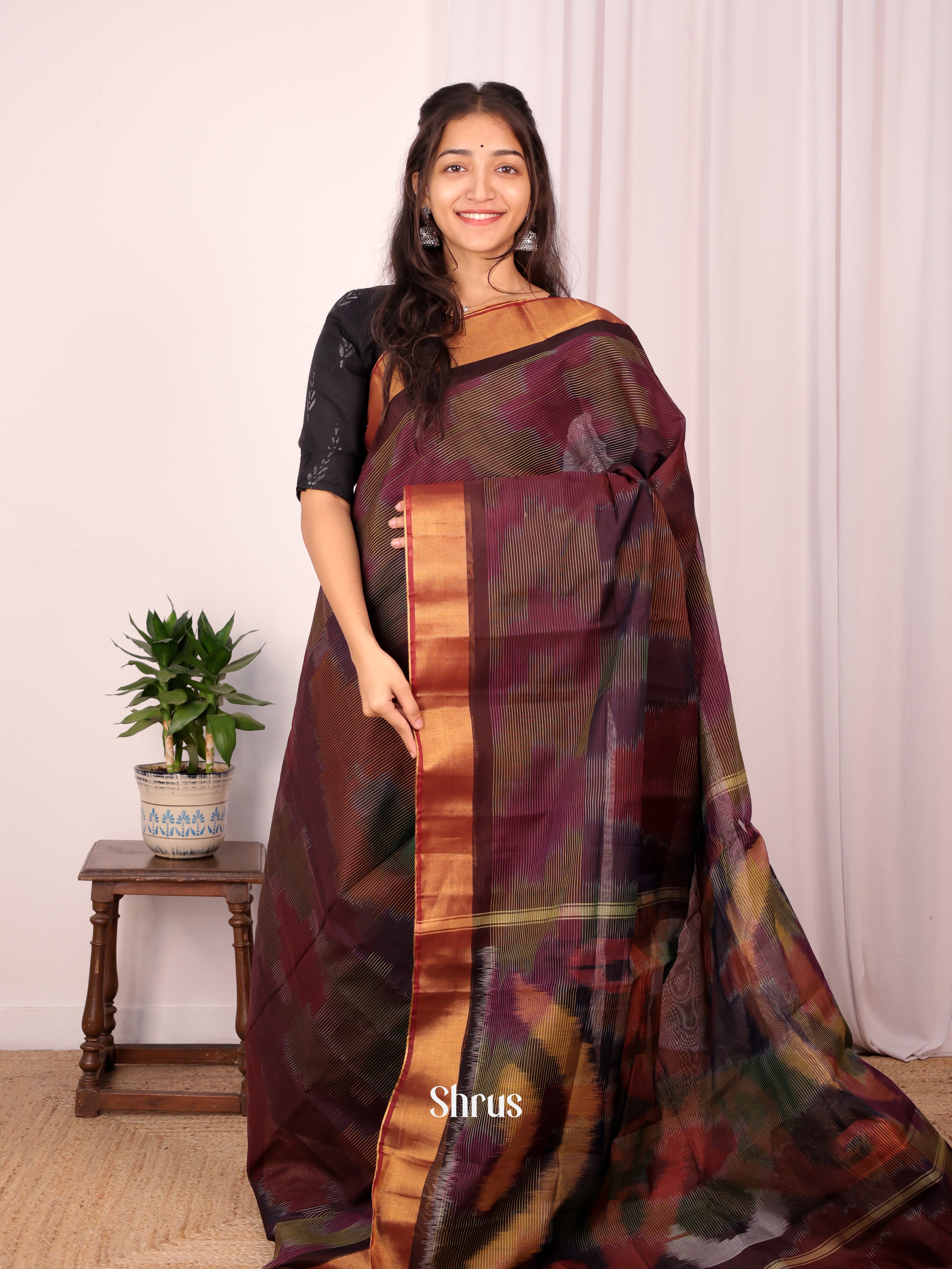 Maroon - Ikkat Kora Saree - Shop on Shrus.com