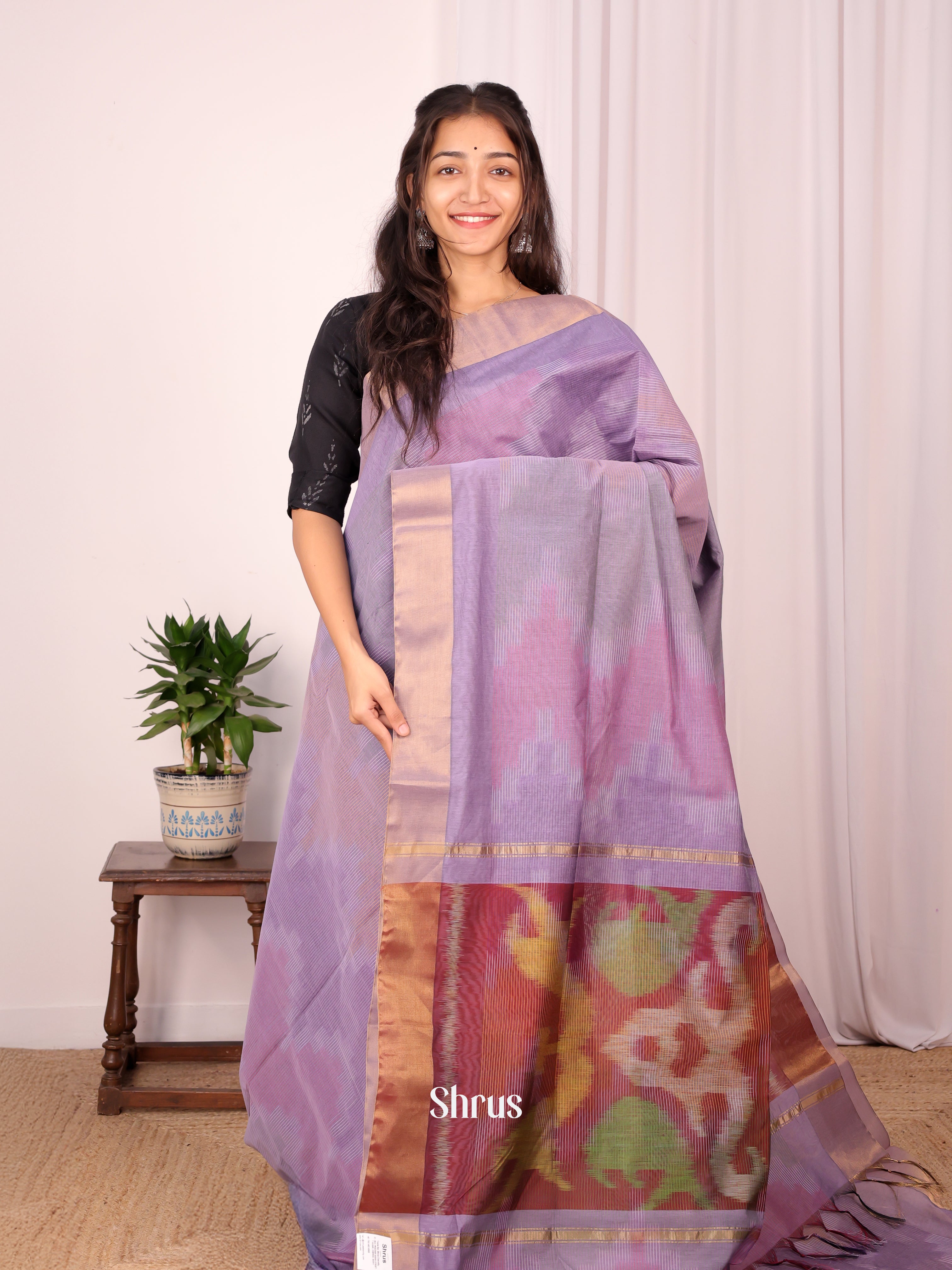 Lavender & Brown - Ikkat Kora Saree - Shop on Shrus.com
