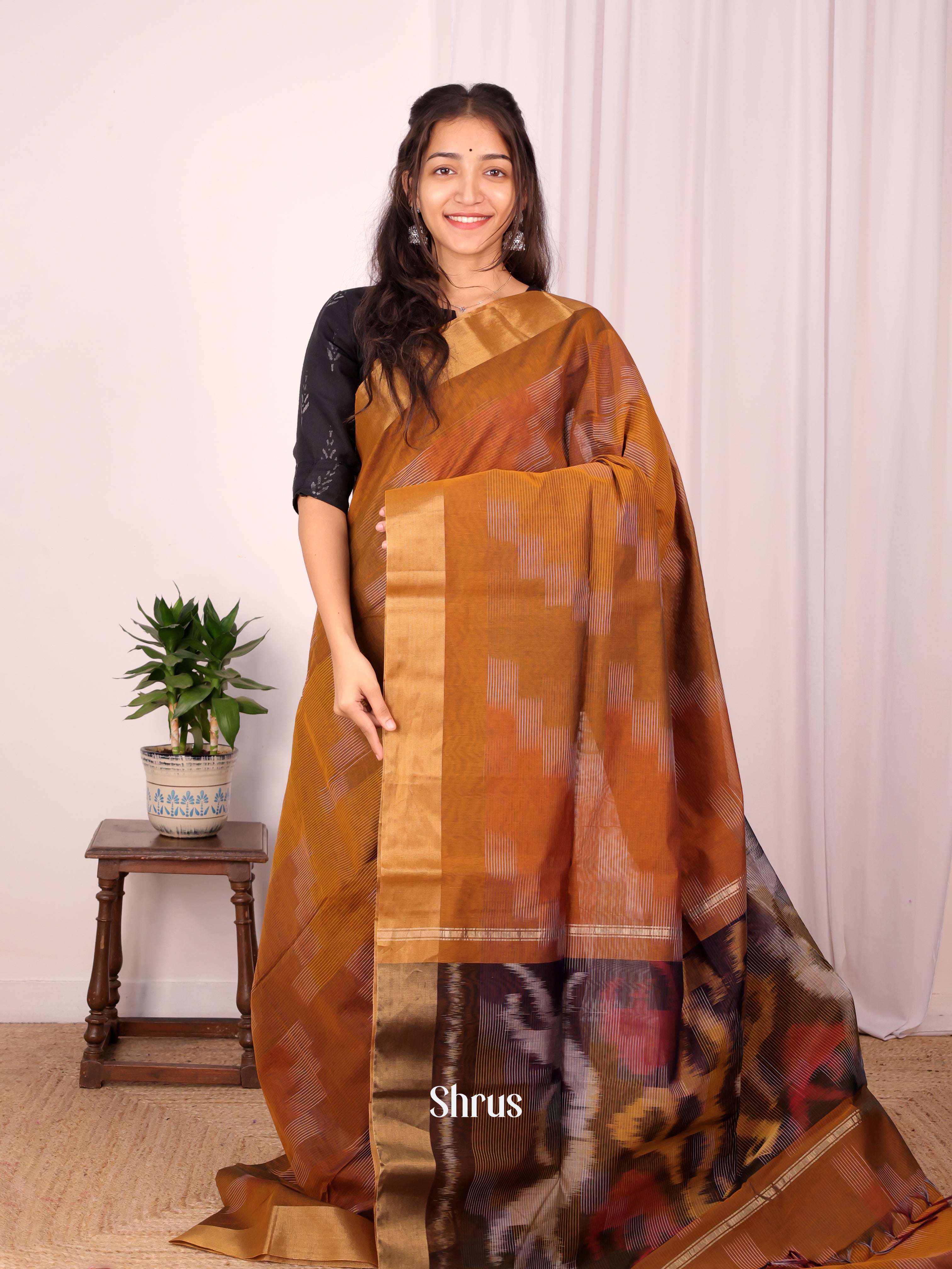 Orange & Brown - Ikkat Kora Saree - Shop on Shrus.com
