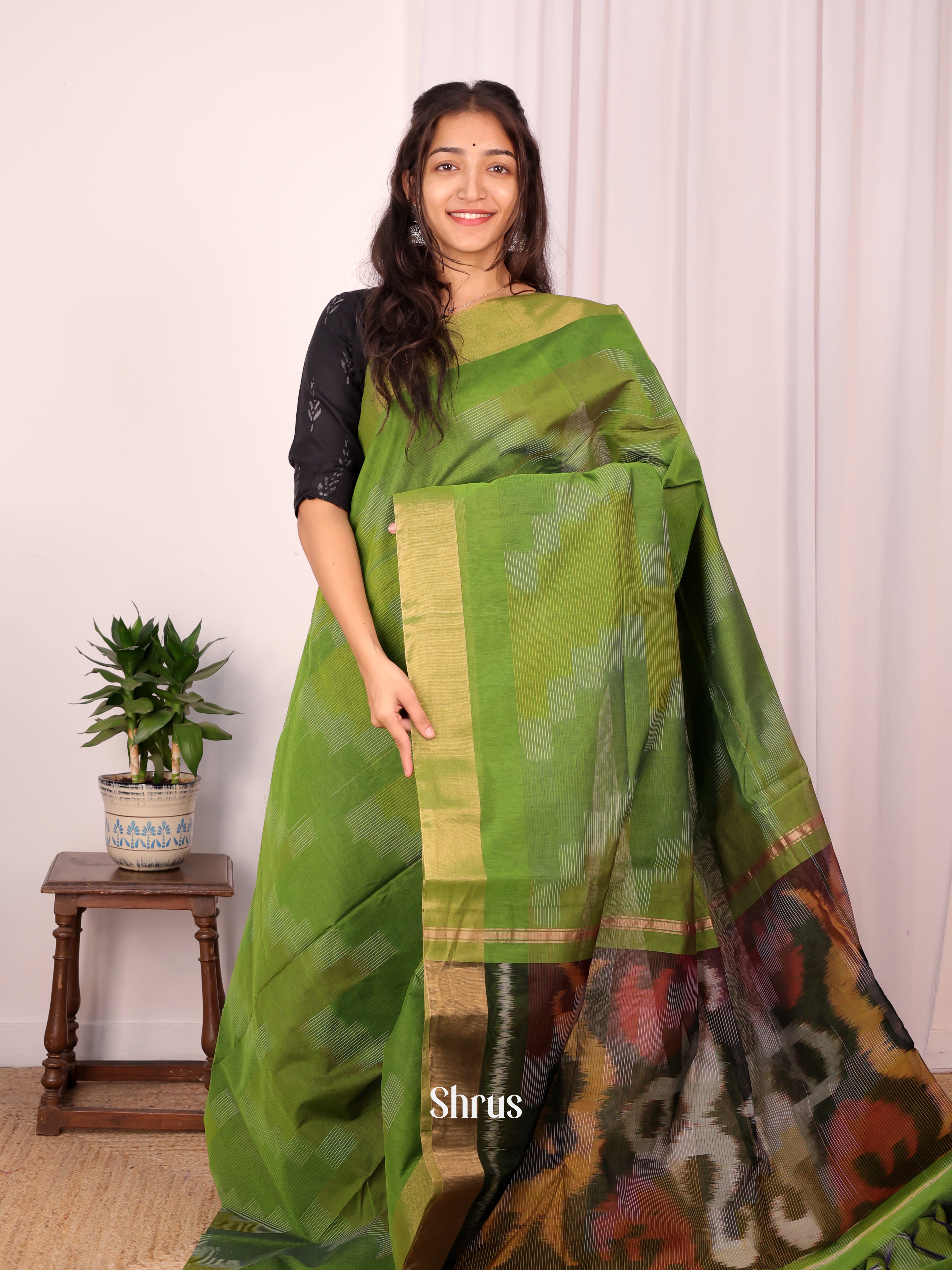Green - Ikkat Kora Saree - Shop on Shrus.com