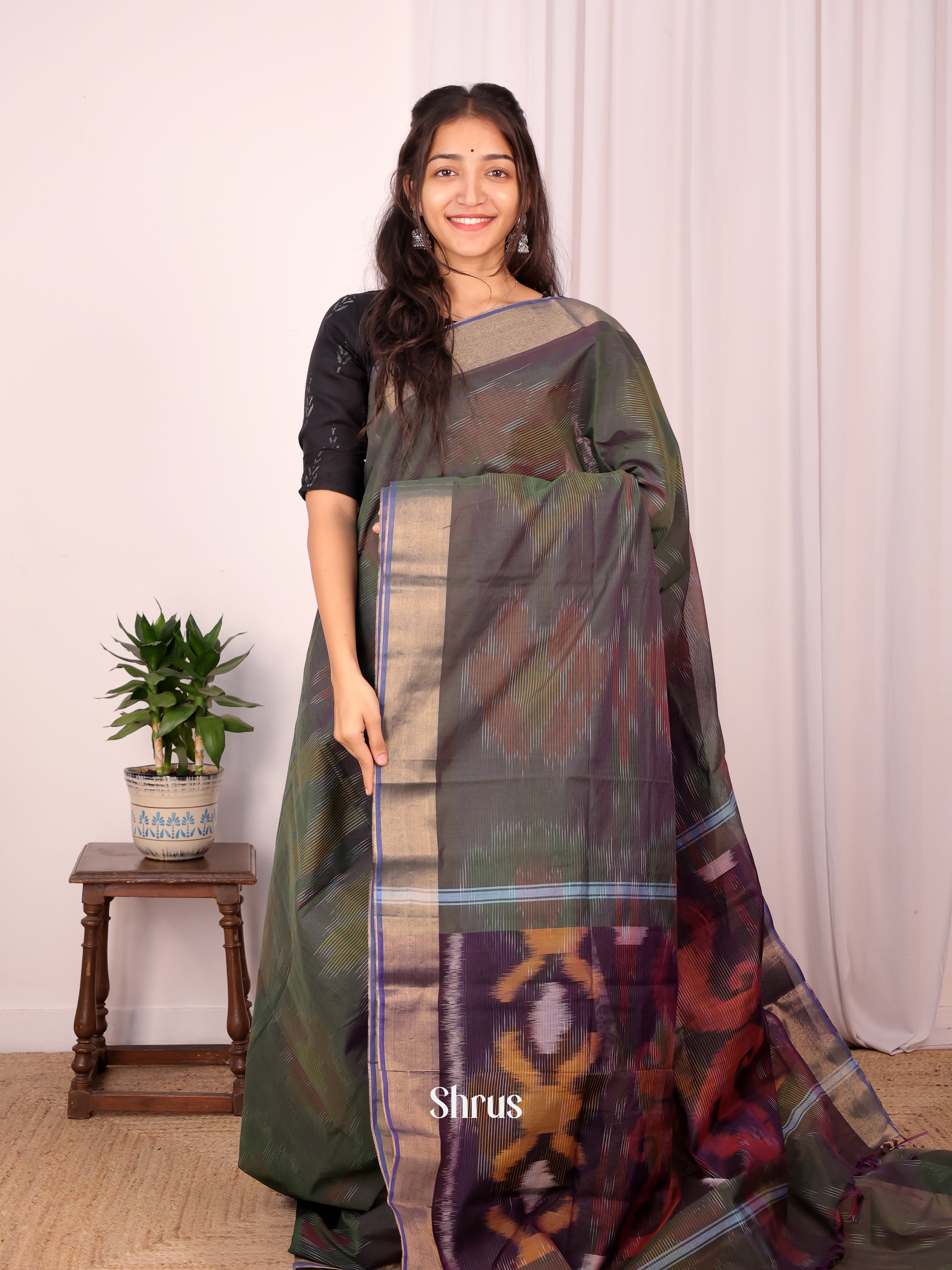 Green & Purple - Ikkat Kora Saree - Shop on Shrus.com