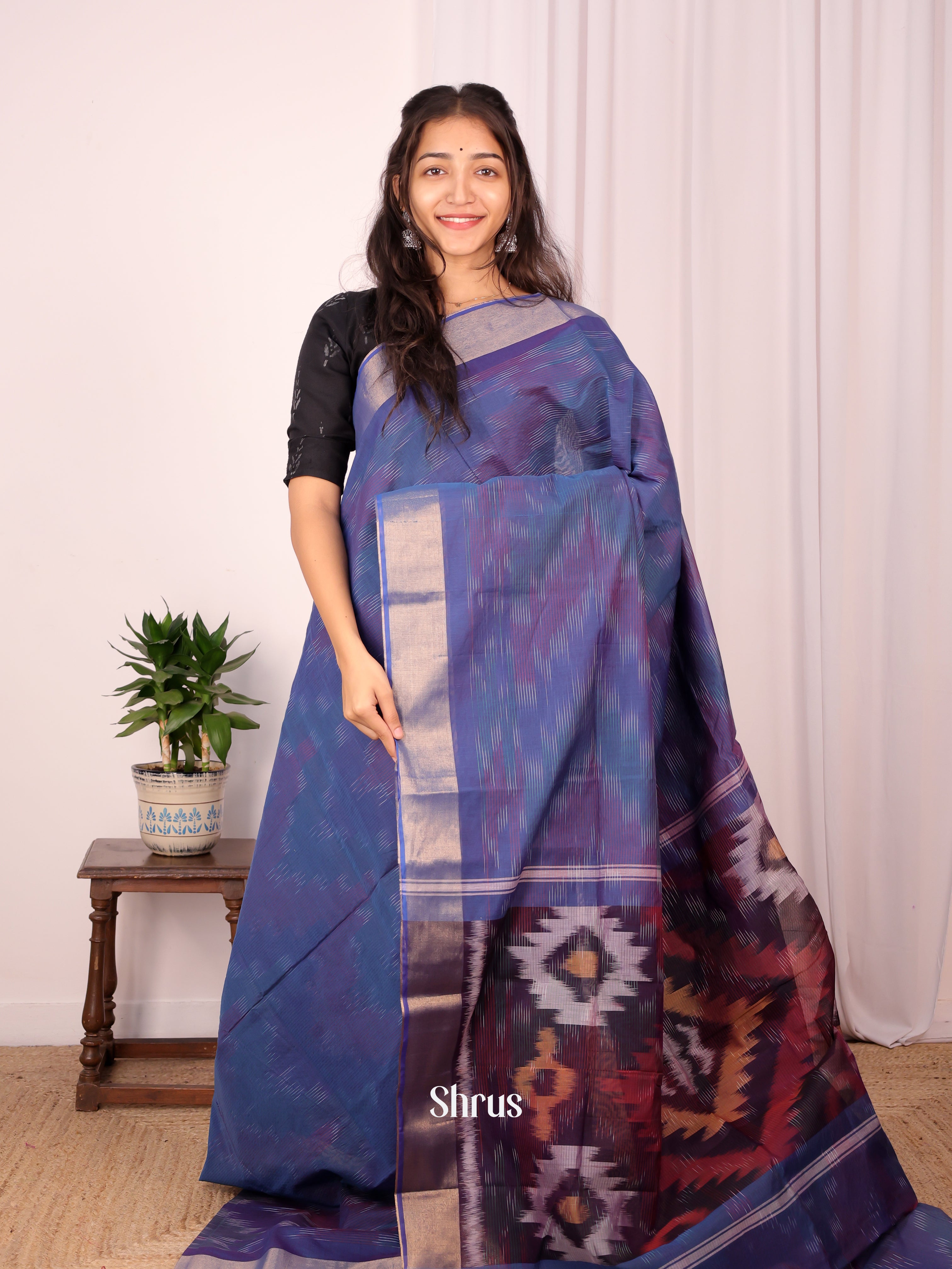 Blue & Purple - Ikkat Kora Saree - Shop on Shrus.com