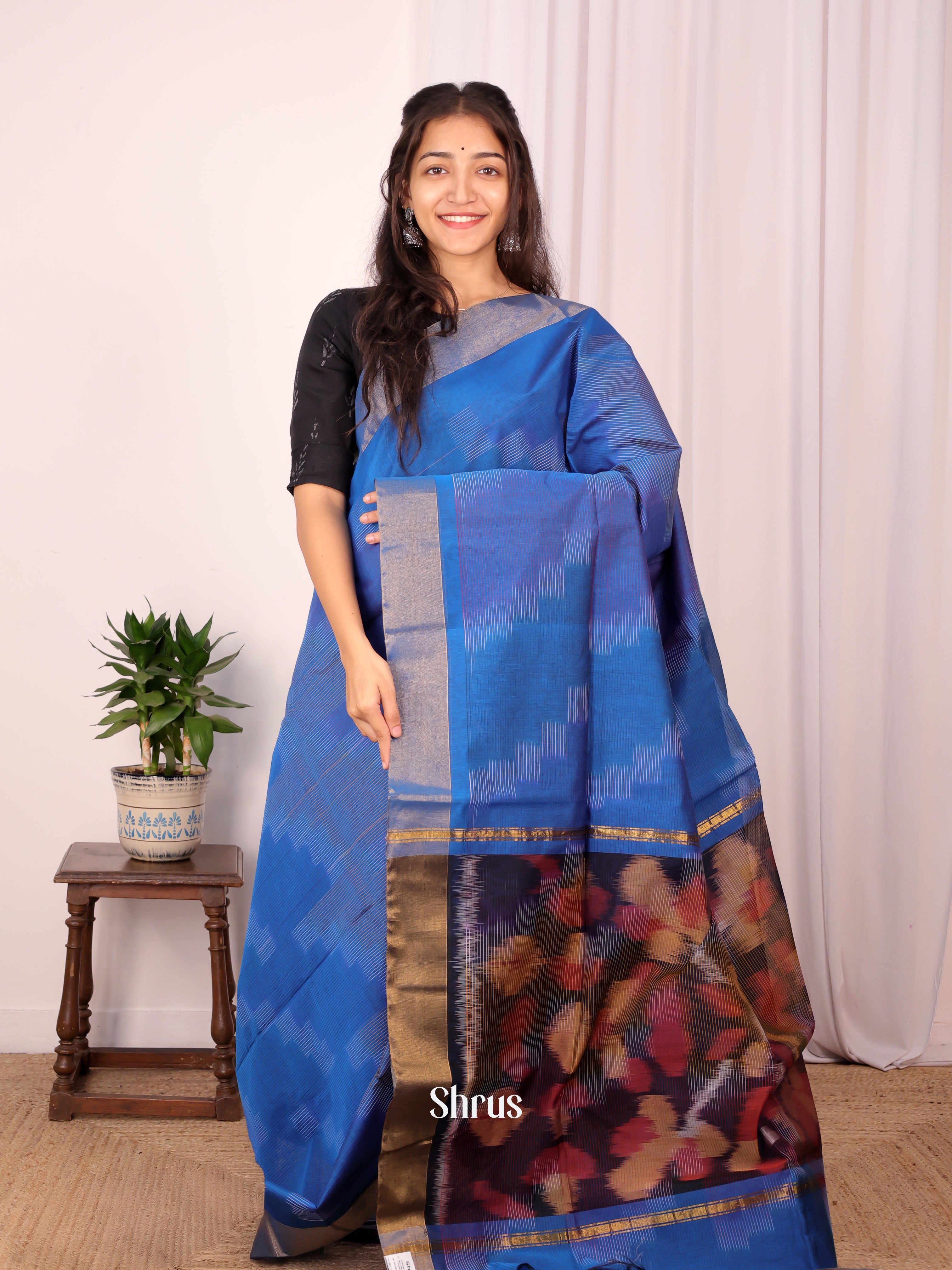 Blue & Violet - Ikkat Kora Saree - Shop on Shrus.com