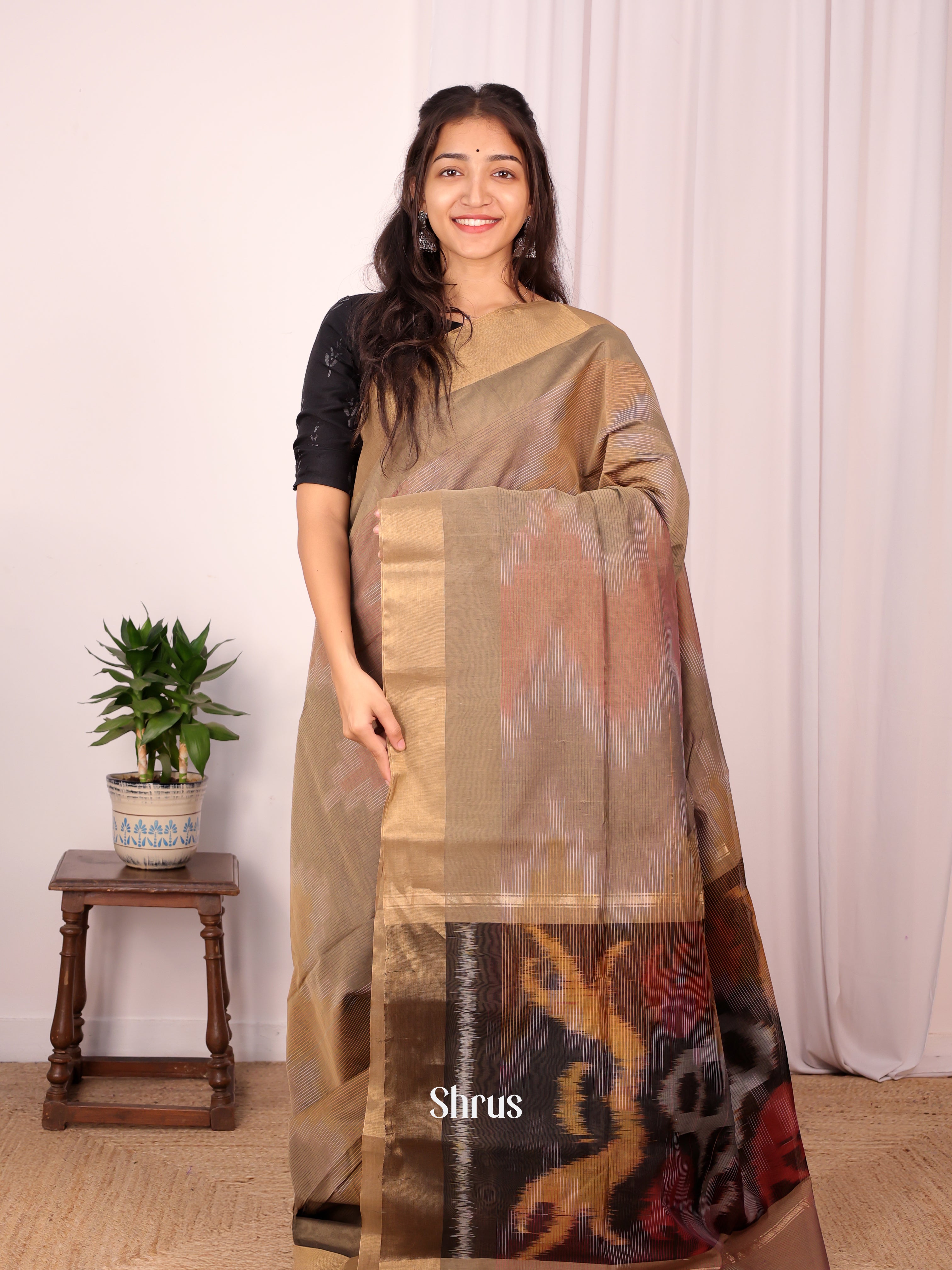 Grey & Brown - Ikkat Kora Saree - Shop on Shrus.com