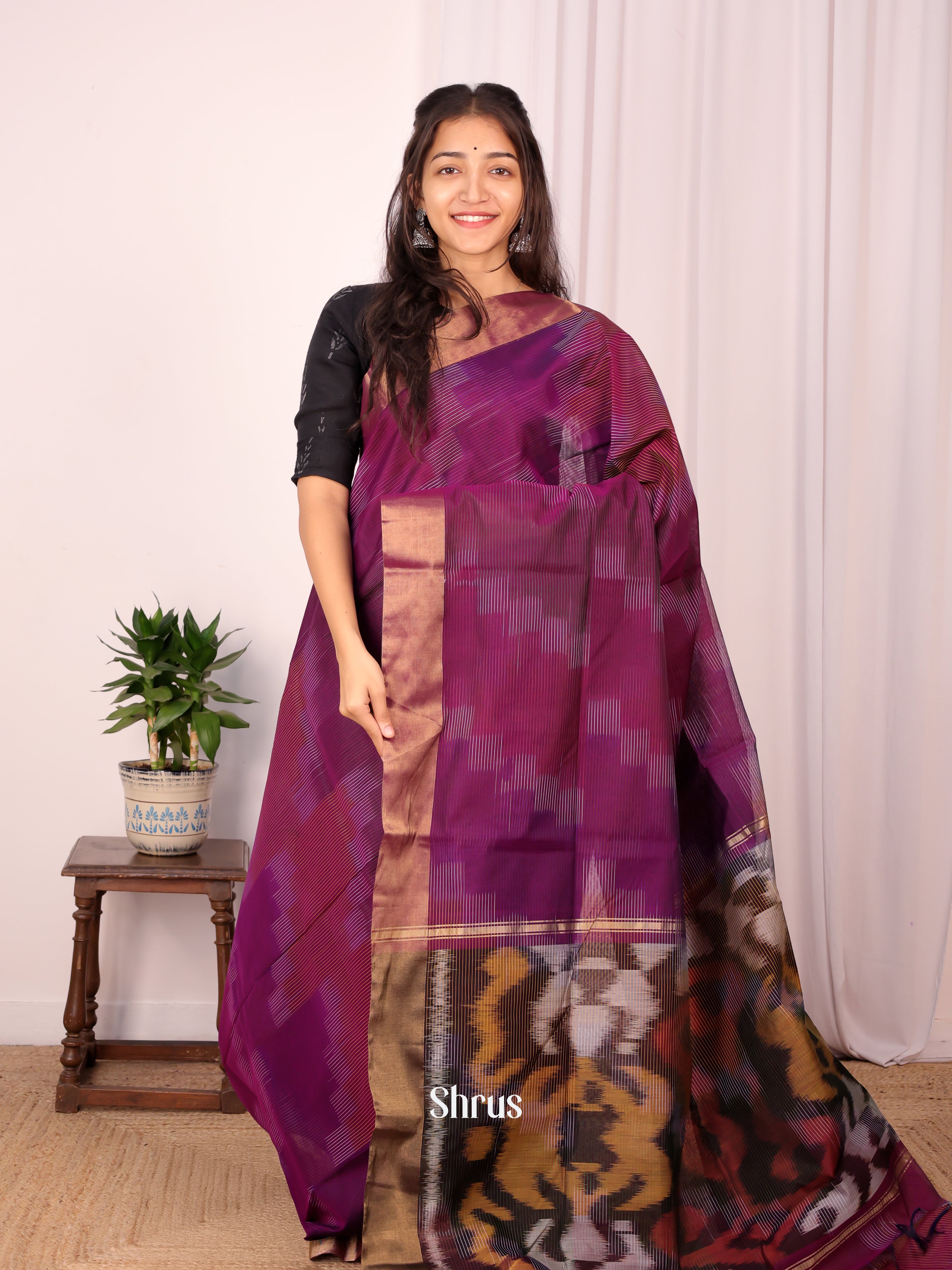 Purple - Ikkat Kora Saree - Shop on Shrus.com