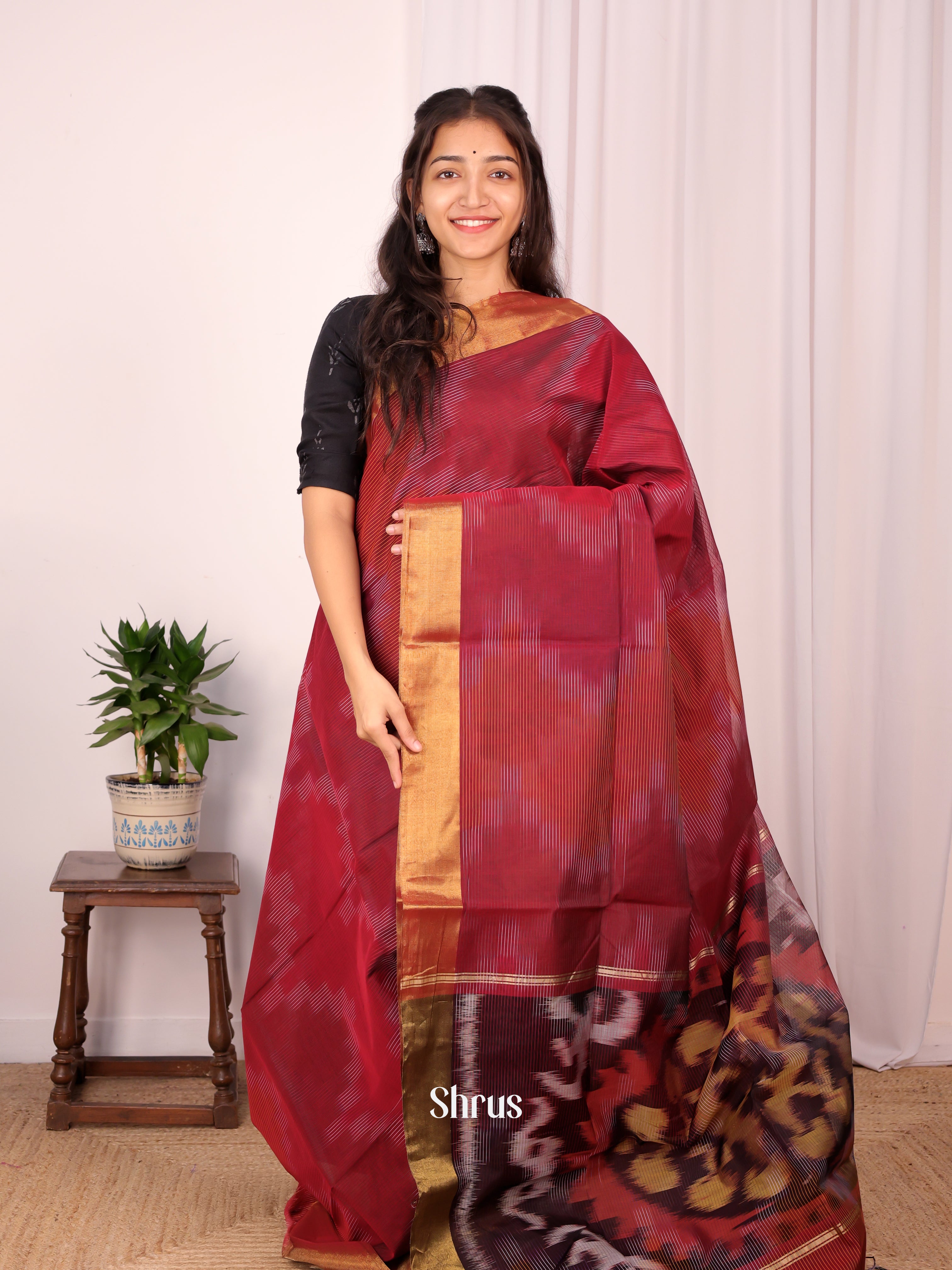 Maroon - Ikkat Kora Saree - Shop on Shrus.com