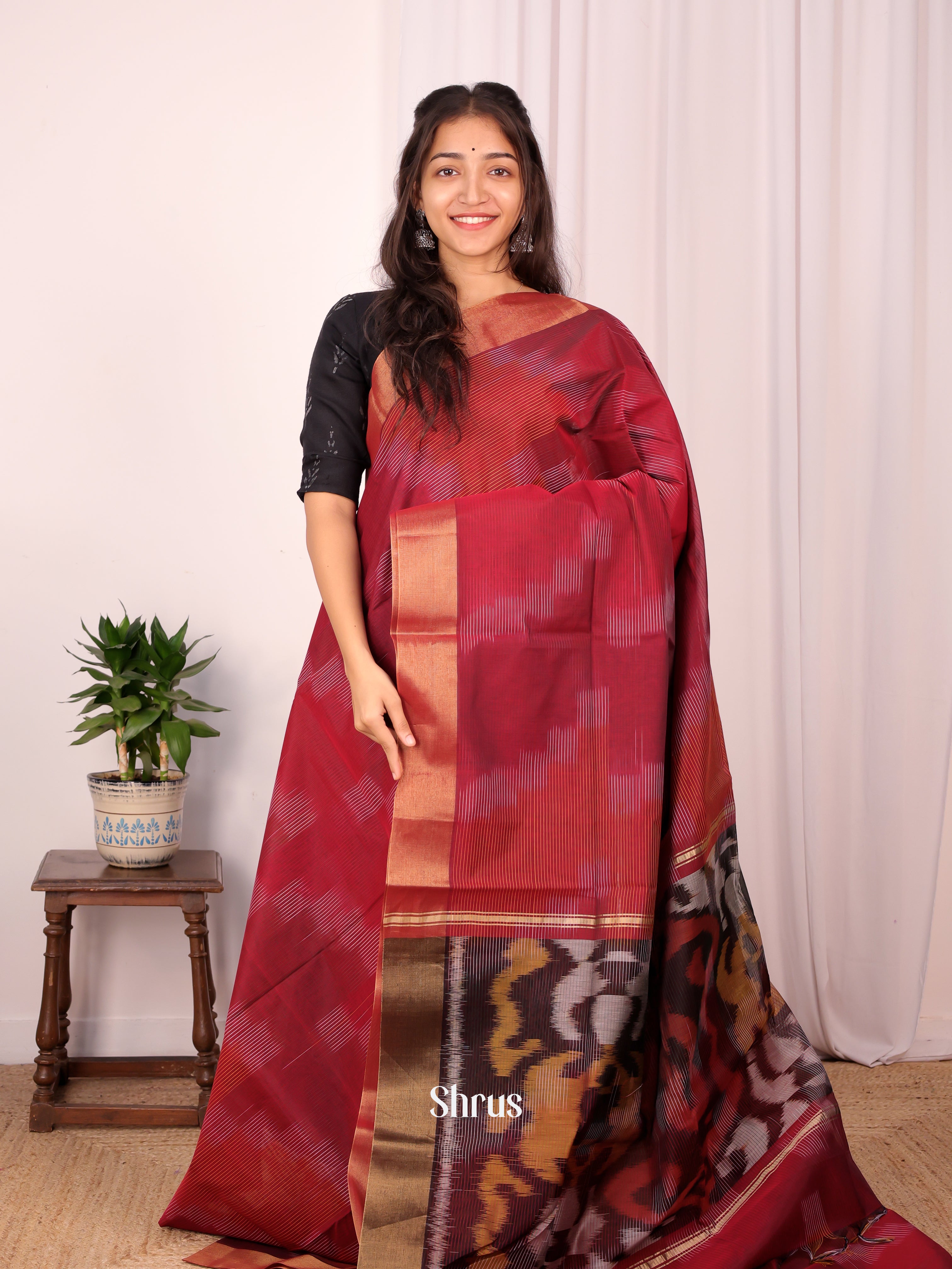 Maroon - Ikkat Kora Saree - Shop on Shrus.com