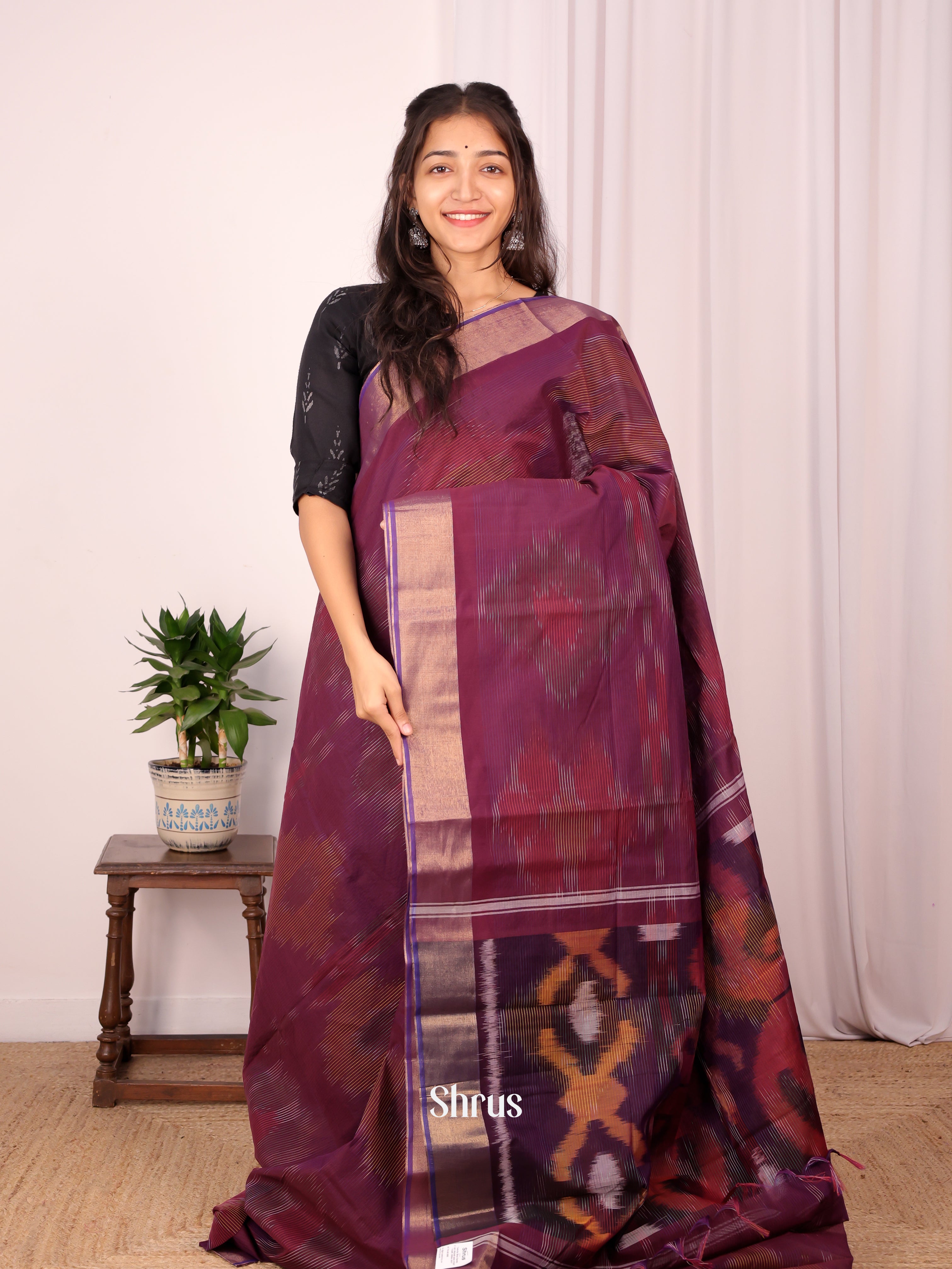 Dark Purple - Ikkat Kora Saree - Shop on Shrus.com