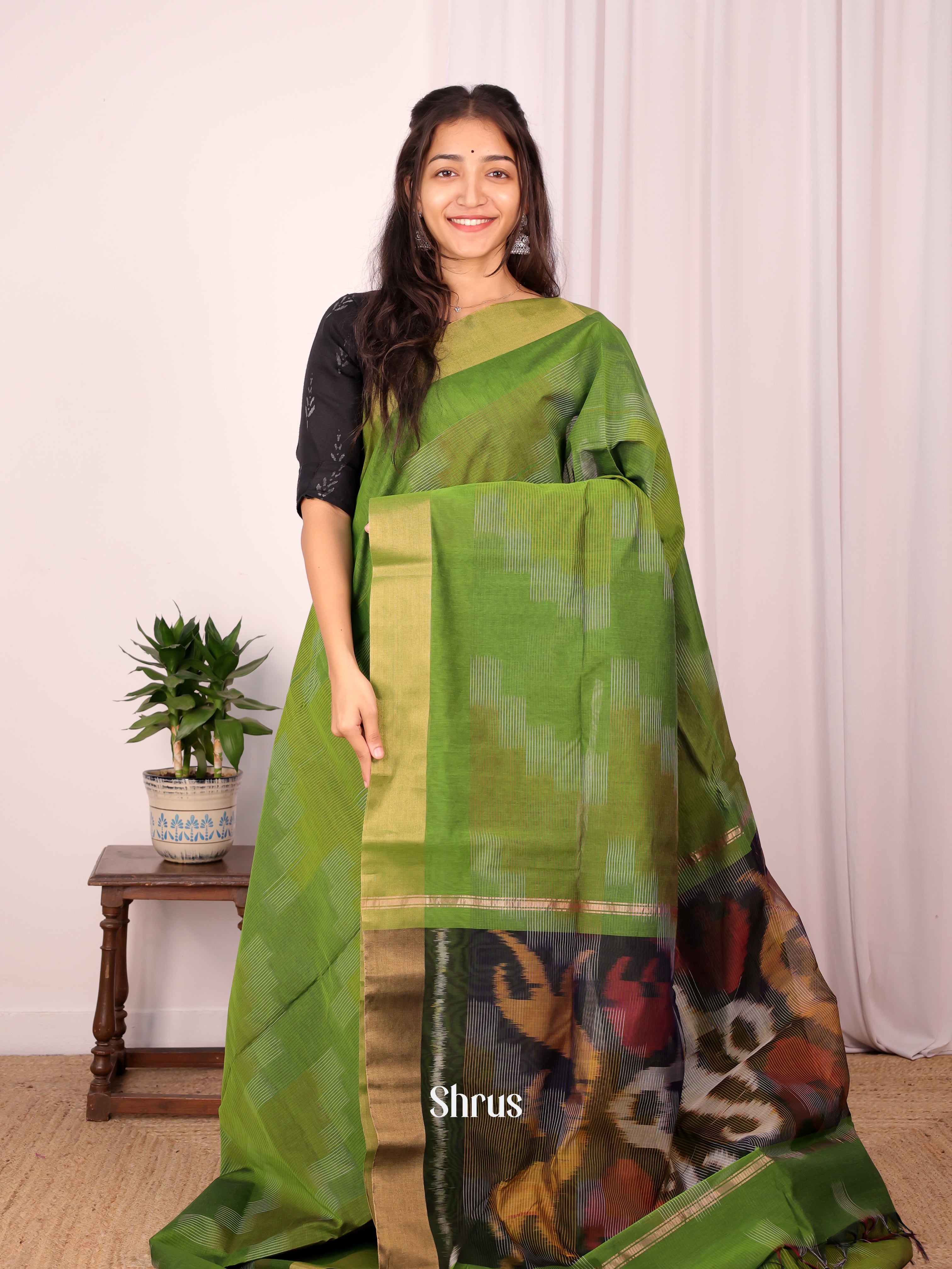 Green - Ikkat Kora Saree - Shop on Shrus.com
