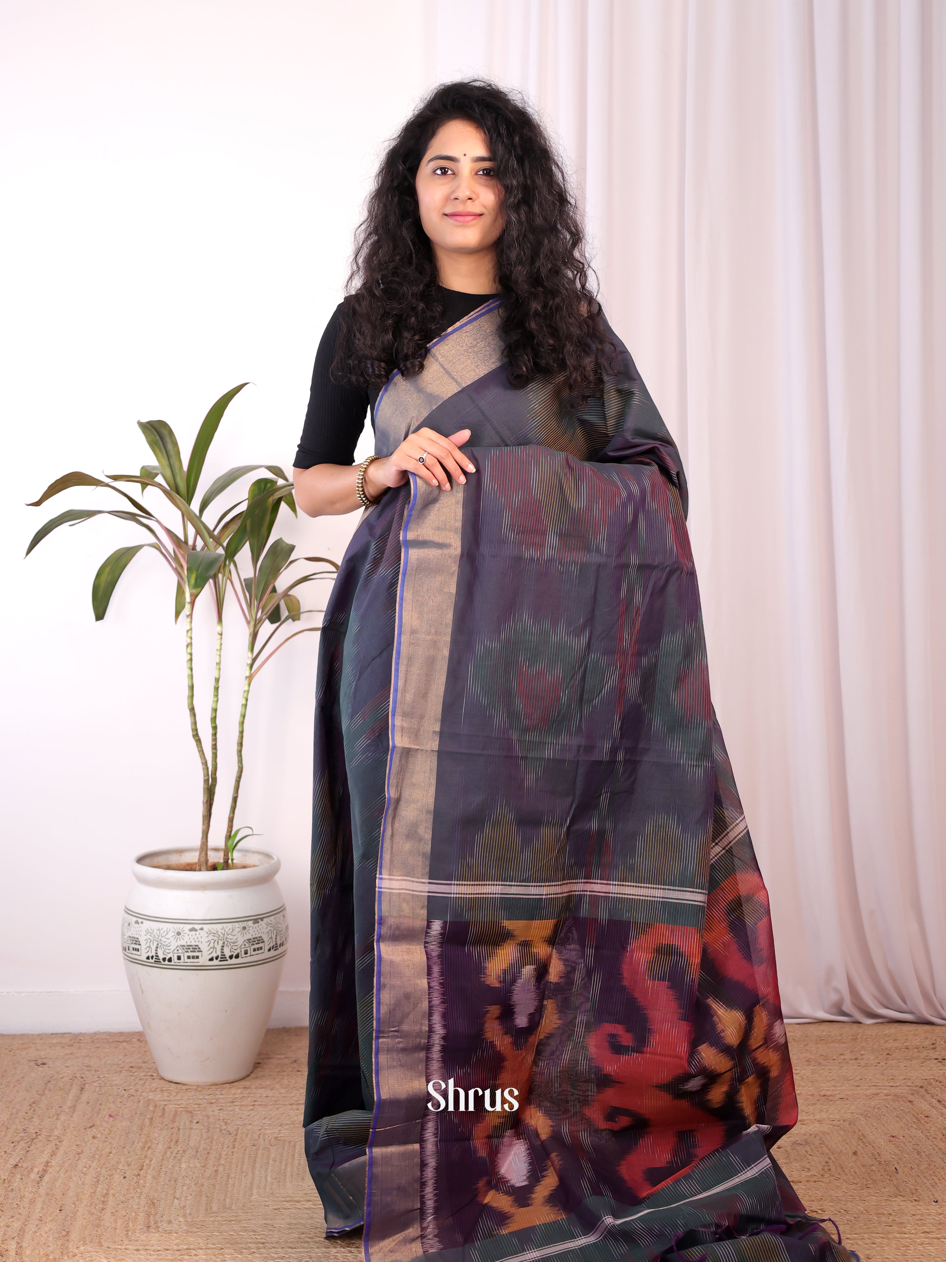 Dark Violet & Green - Ikkat Kora Saree - Shop on Shrus.com