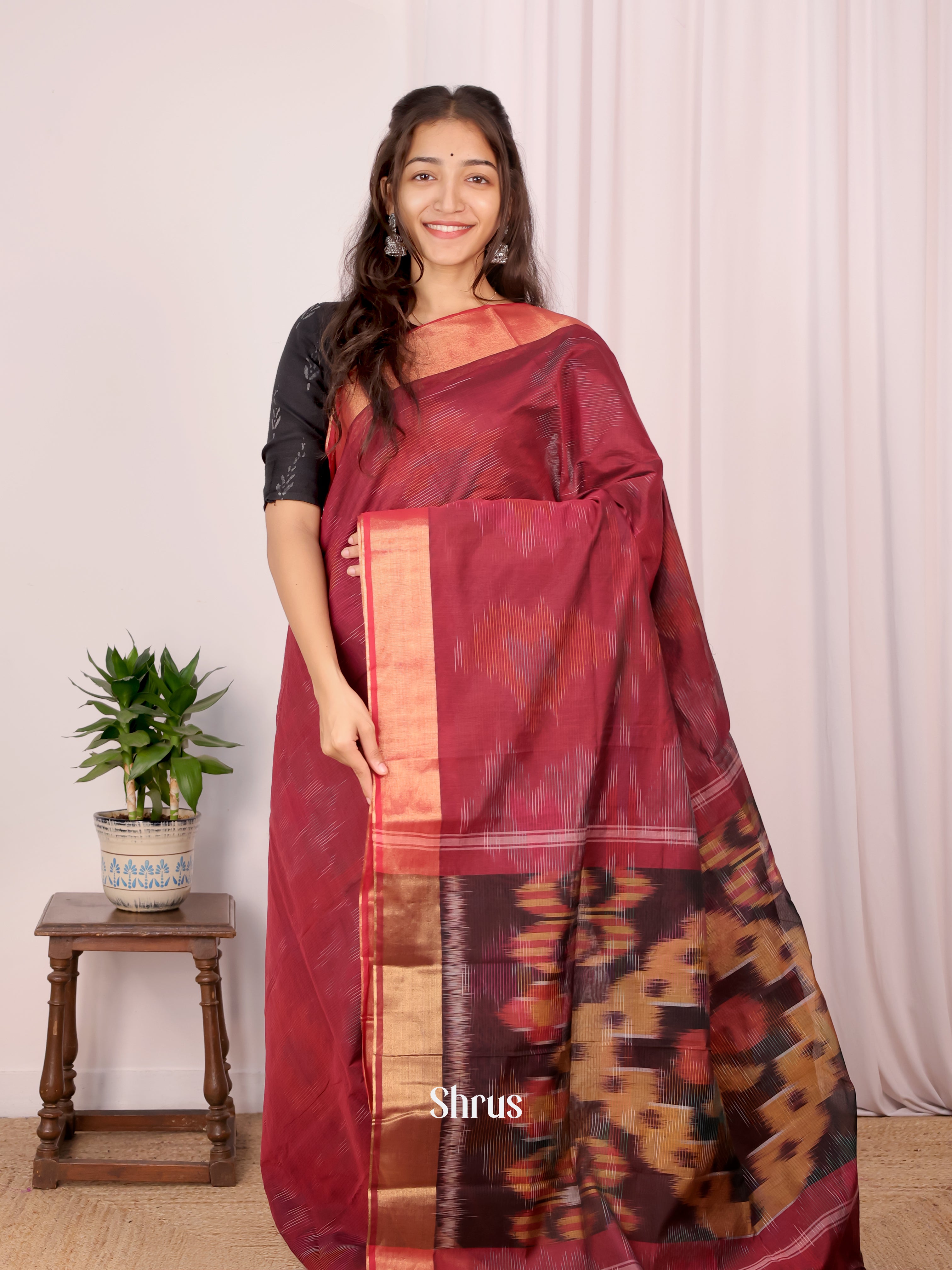 Maroon - Ikkat Kora Saree - Shop on Shrus.com