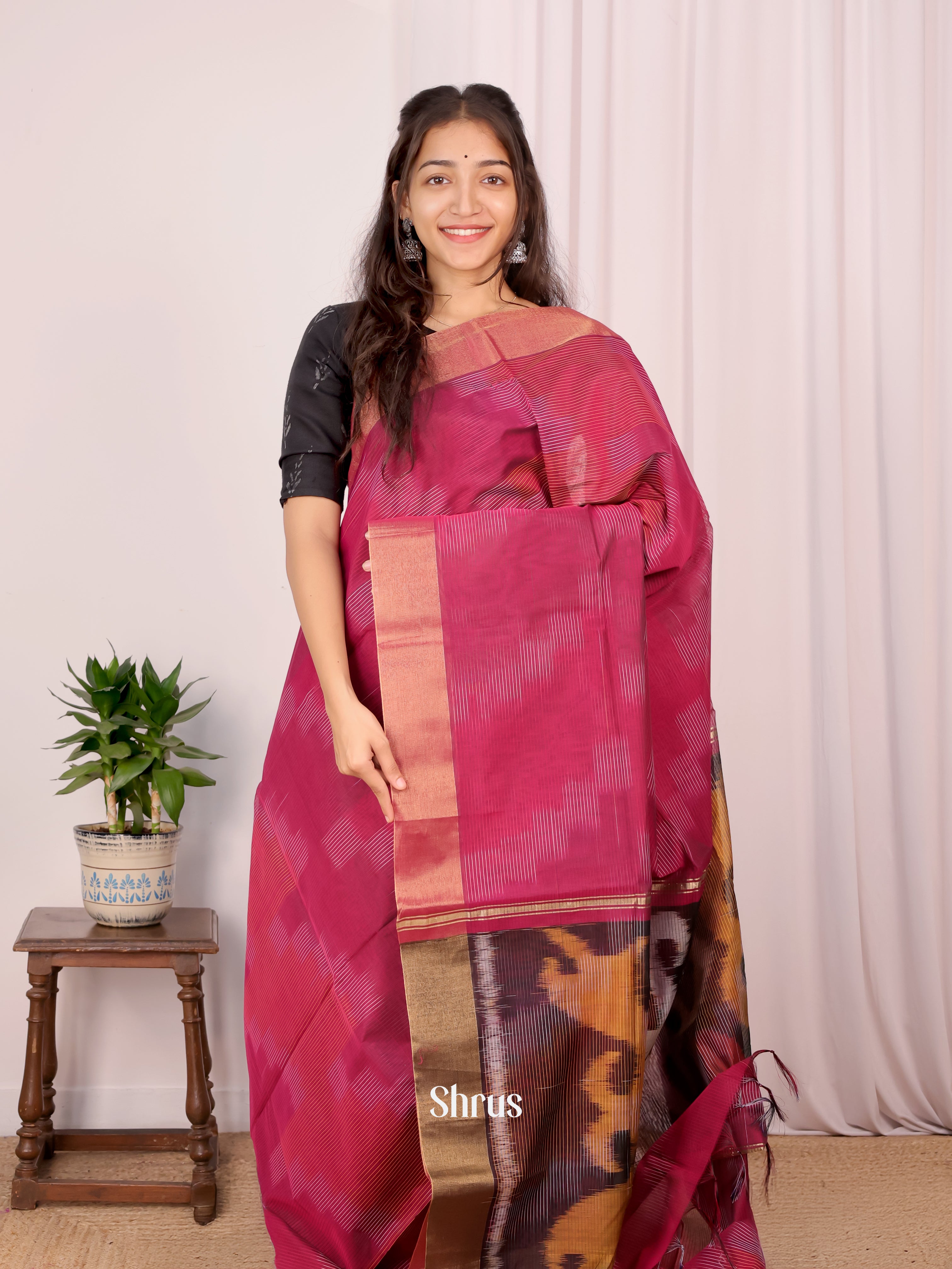 Maroon - Ikkat Kora Saree - Shop on Shrus.com
