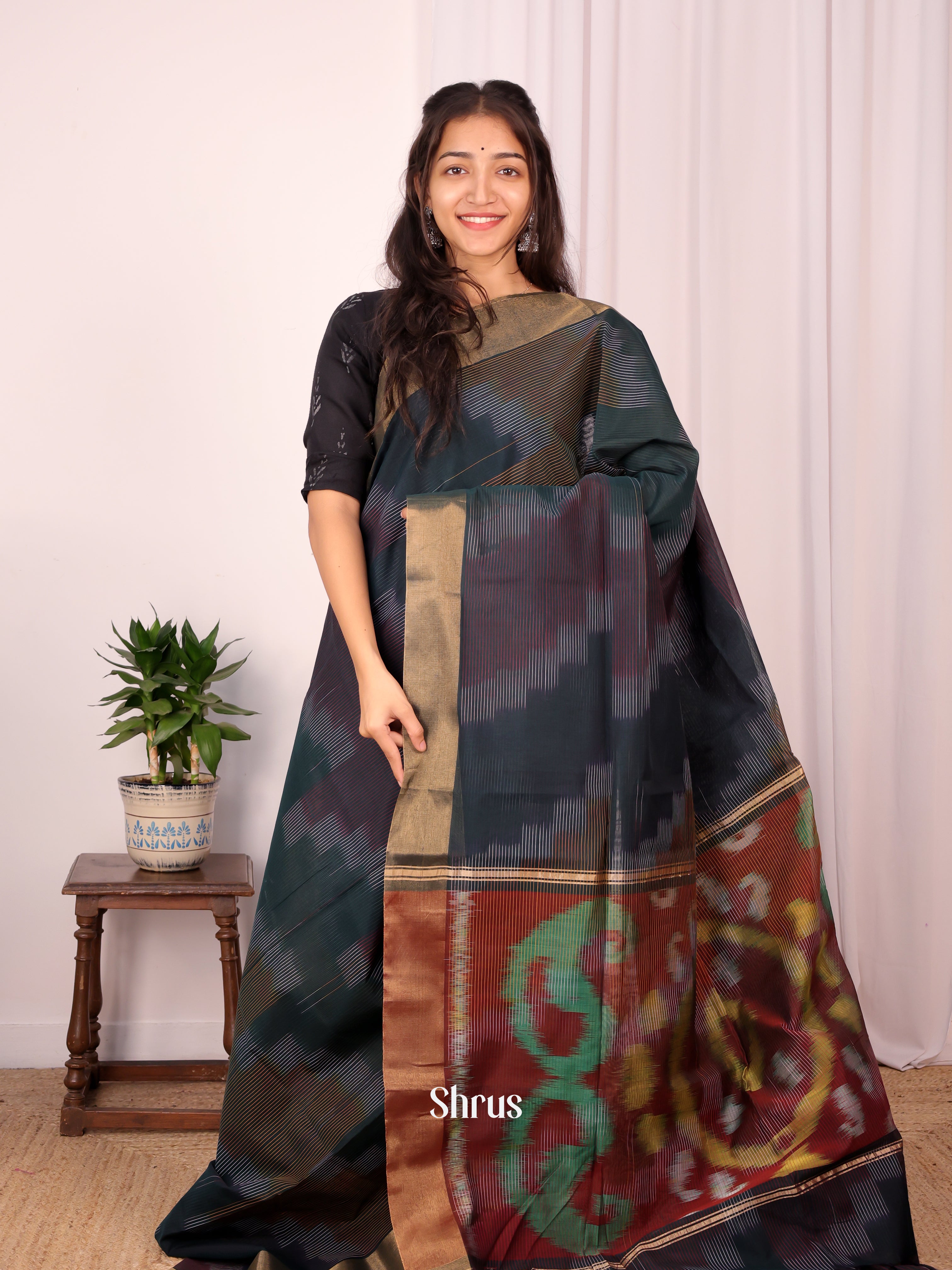 Peacock Green & Brown - Ikkat Kora Saree - Shop on Shrus.com