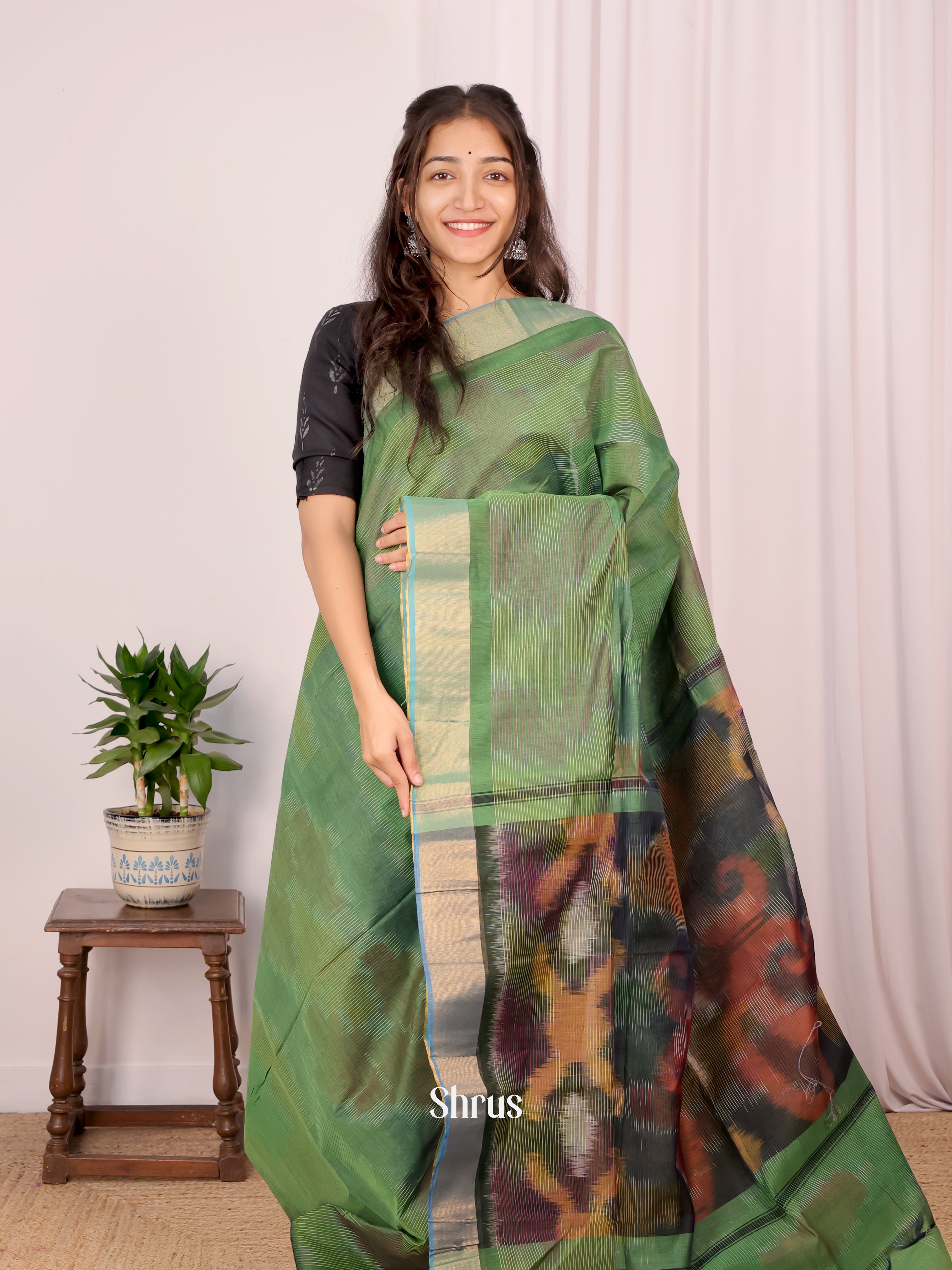 Green - Ikkat Kora Saree - Shop on Shrus.com