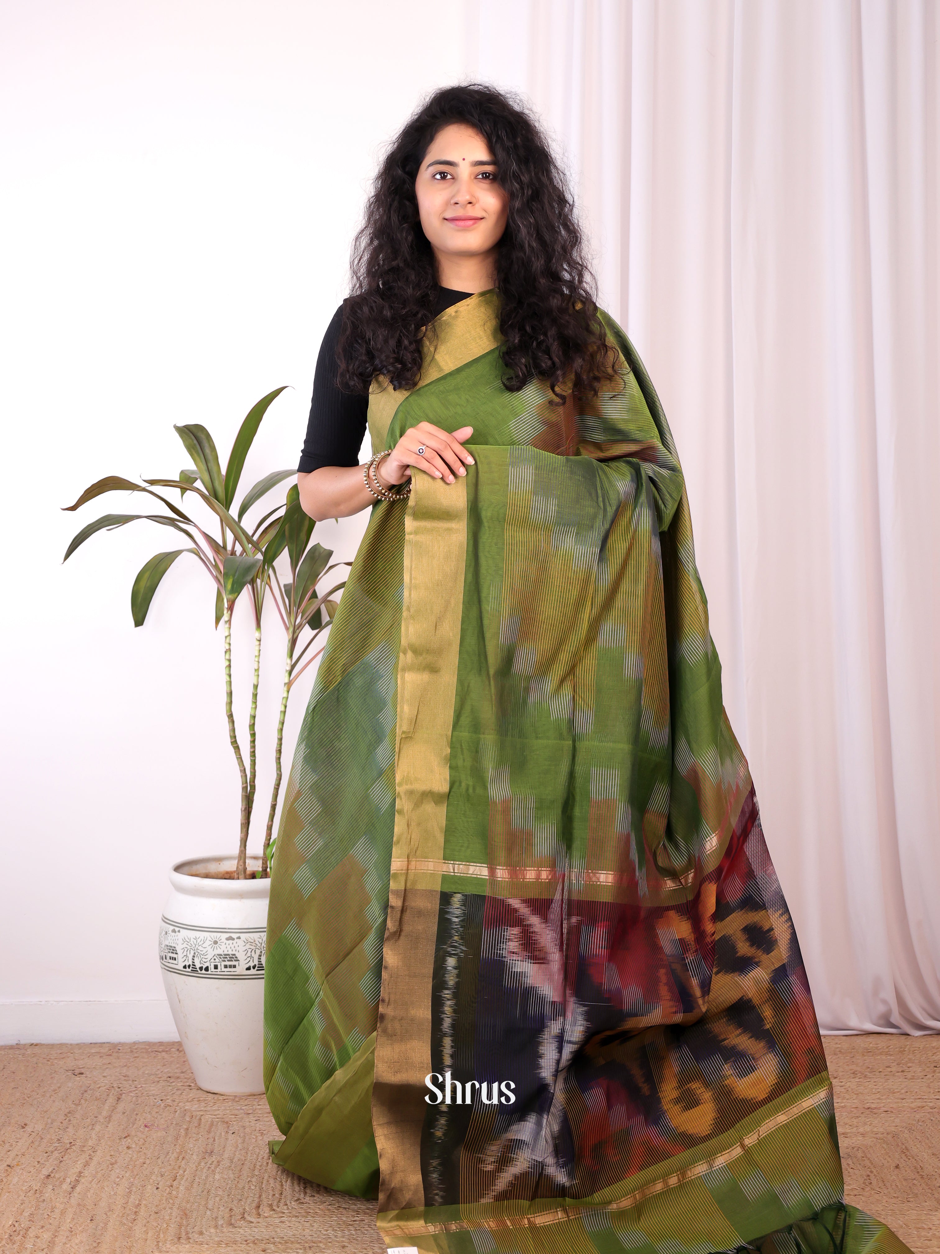 Green - Ikkat Kora Saree - Shop on Shrus.com