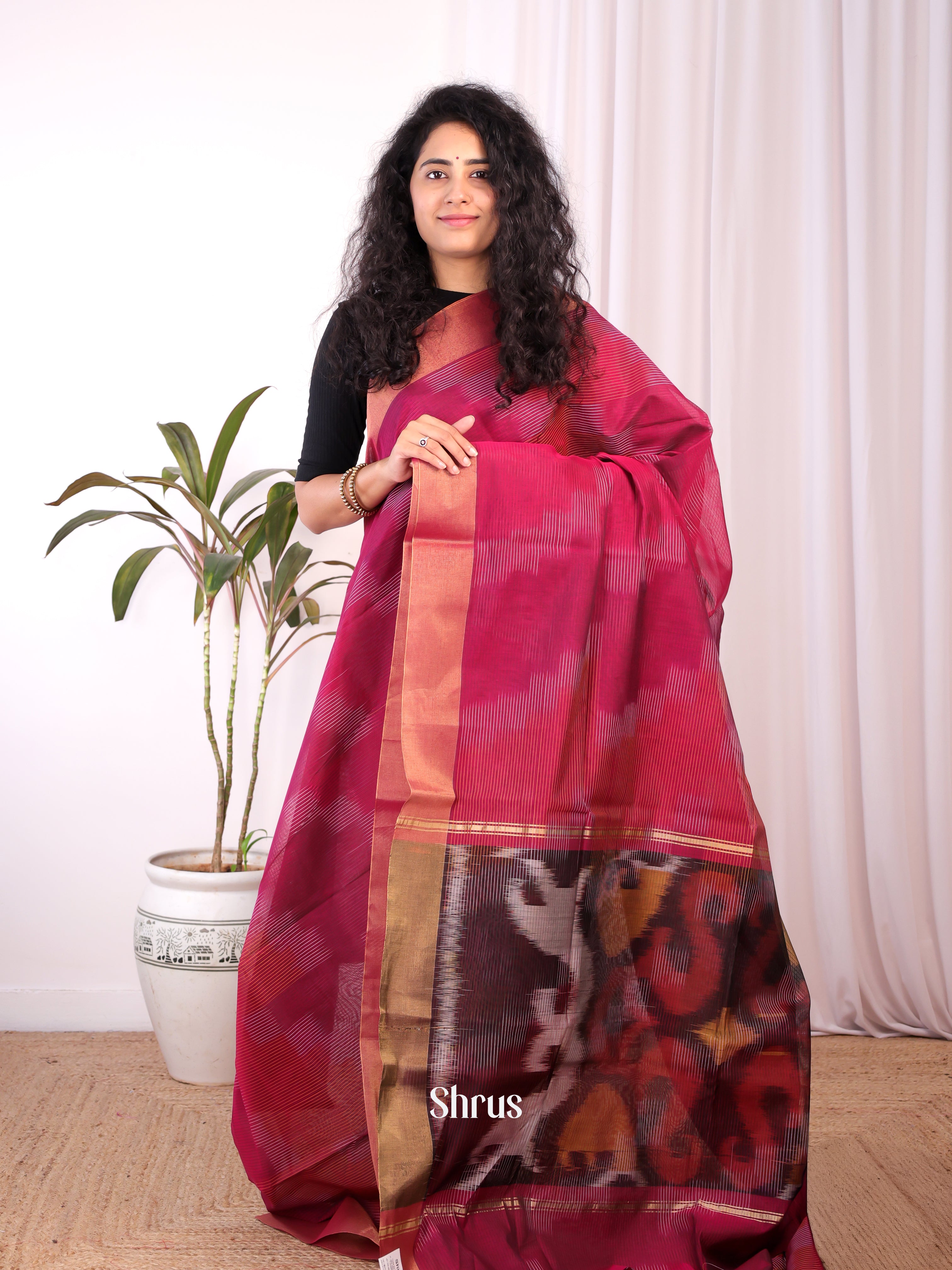 Red & Brown - Ikkat Kora Saree - Shop on Shrus.com