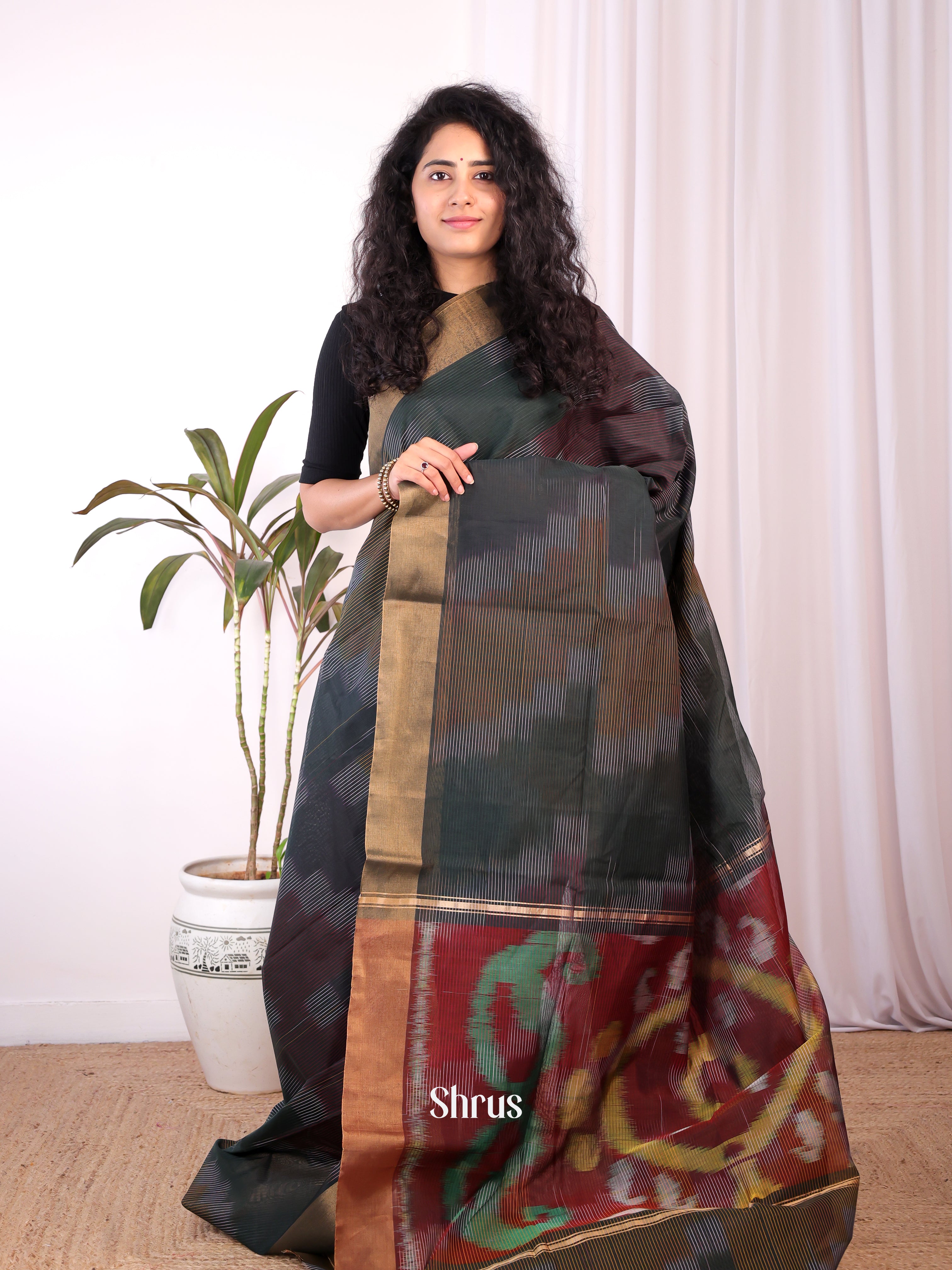 Karupachai & Brown - Ikkat Kora Saree - Shop on Shrus.com