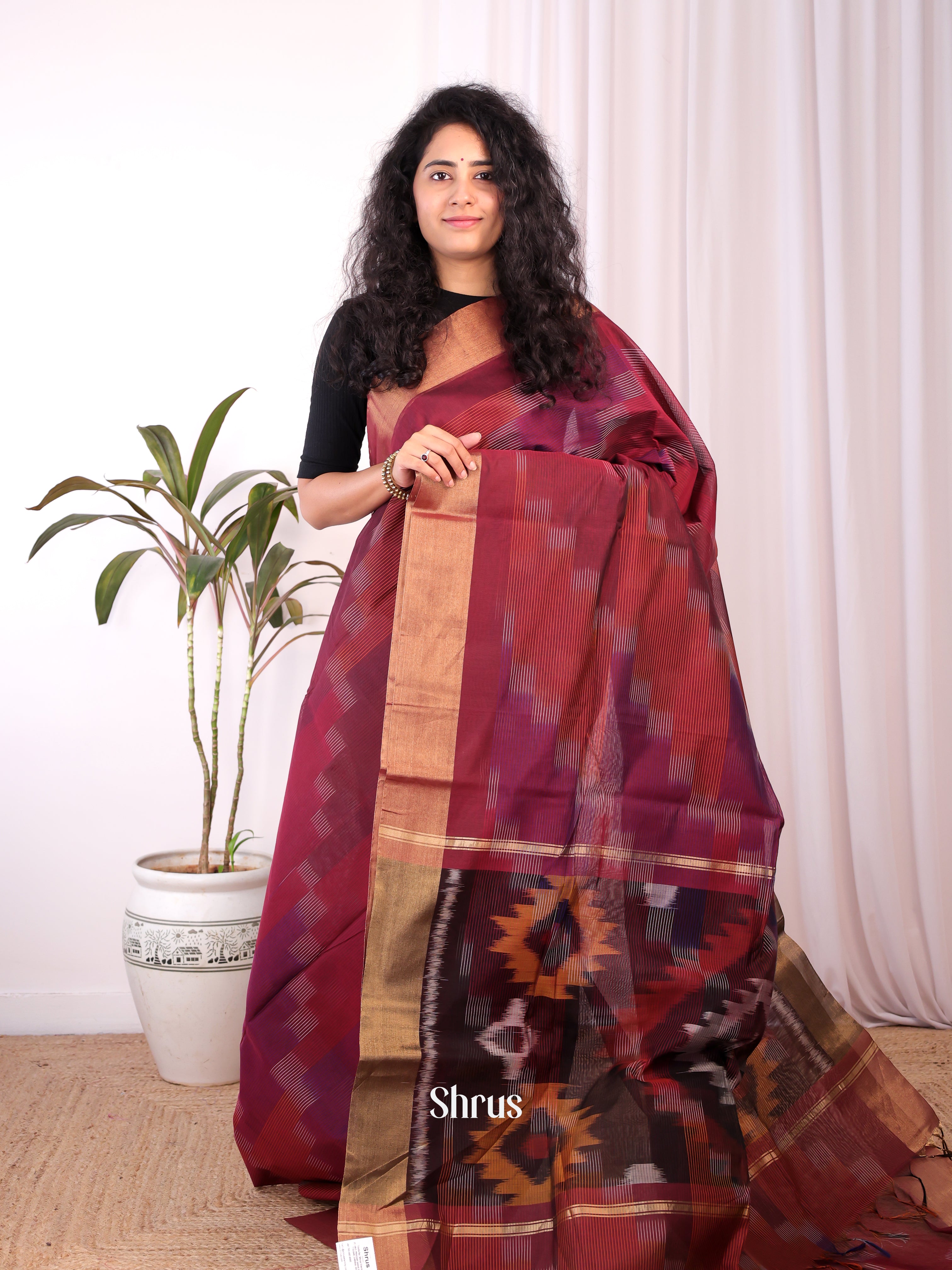 Maroon & Brown- Ikkat Kora Saree - Shop on Shrus.com