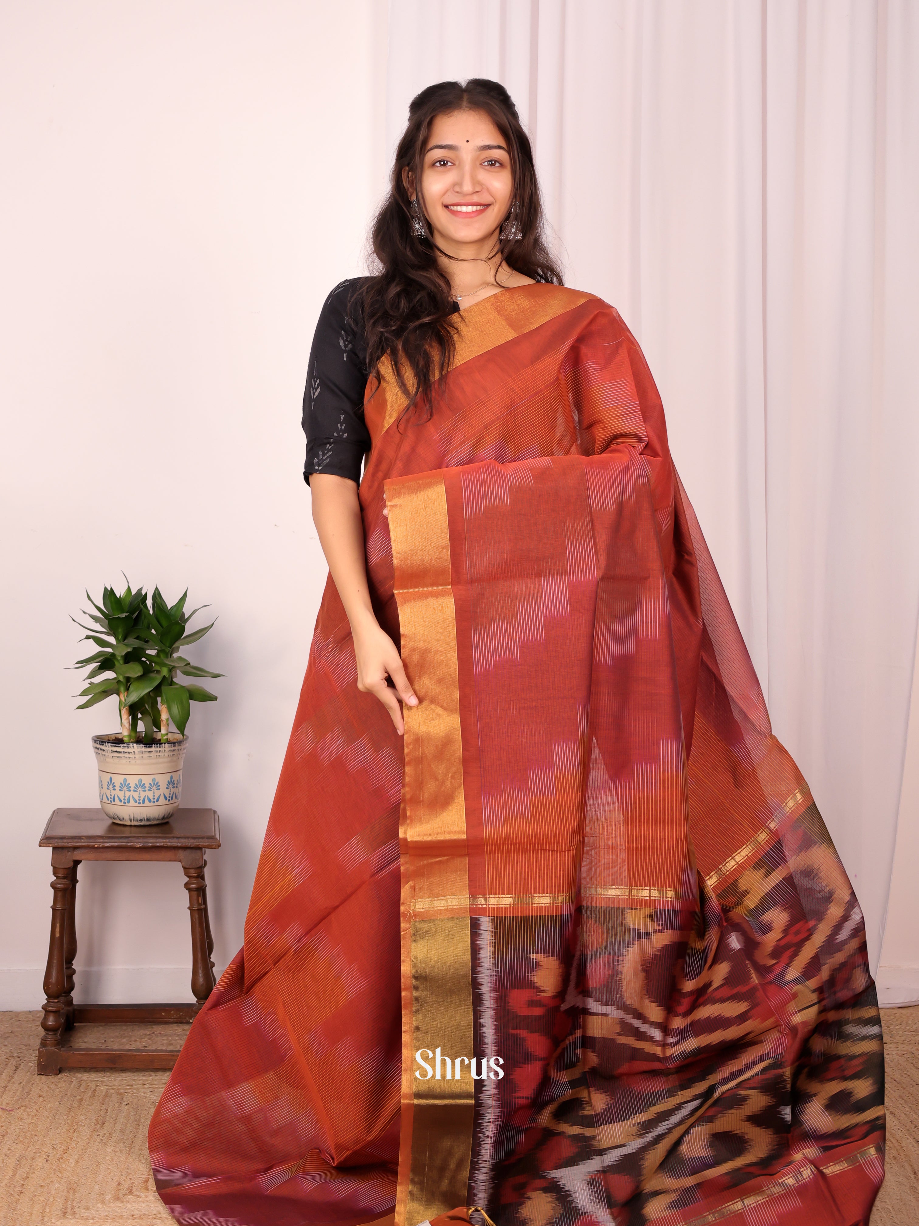Brick & Brown - Ikkat Kora Saree - Shop on Shrus.com