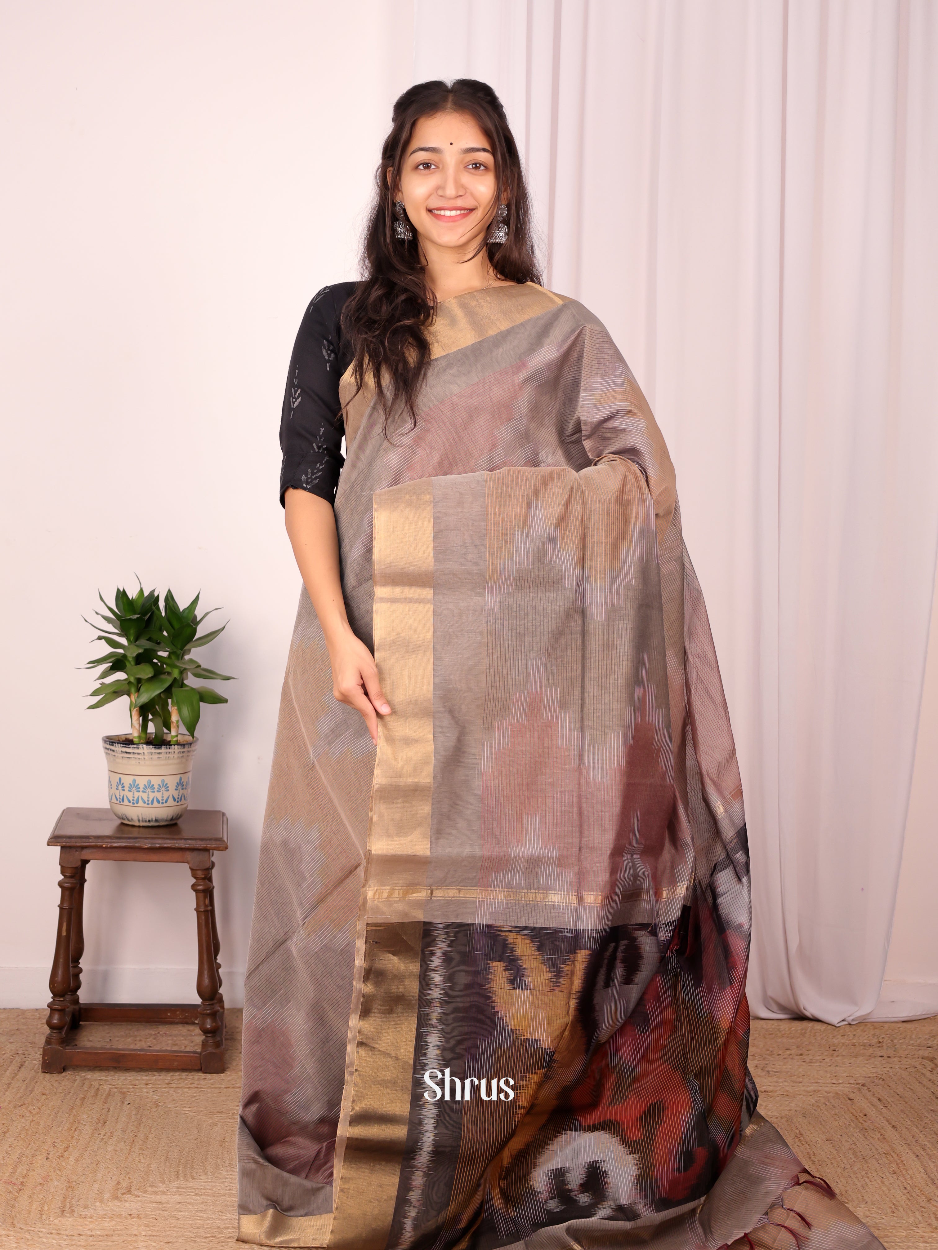 Grey & Brown - Ikkat Kora Saree - Shop on Shrus.com