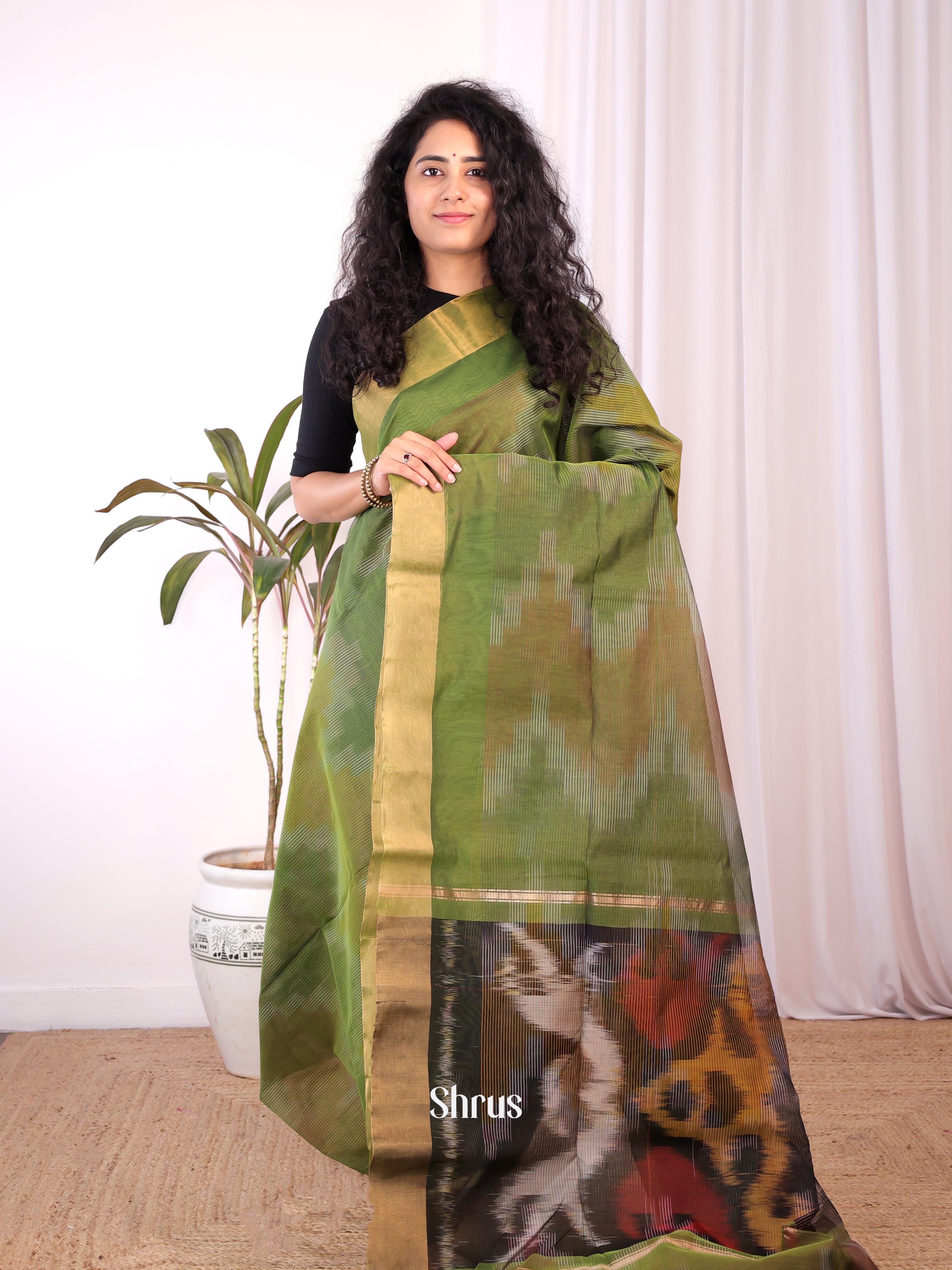 Green - Ikkat Kora Saree - Shop on Shrus.com