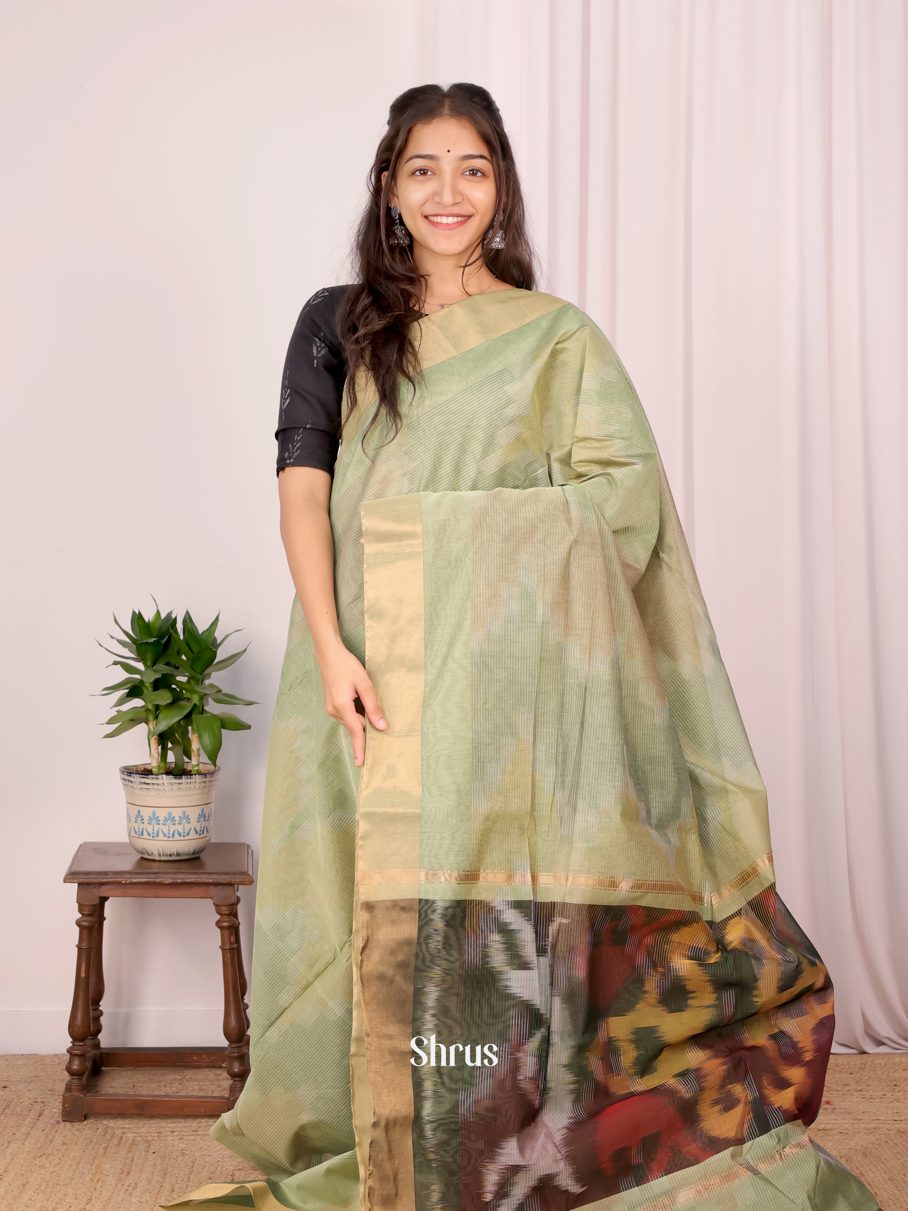 Lite Green & Green - Ikkat Kora Saree - Shop on Shrus.com