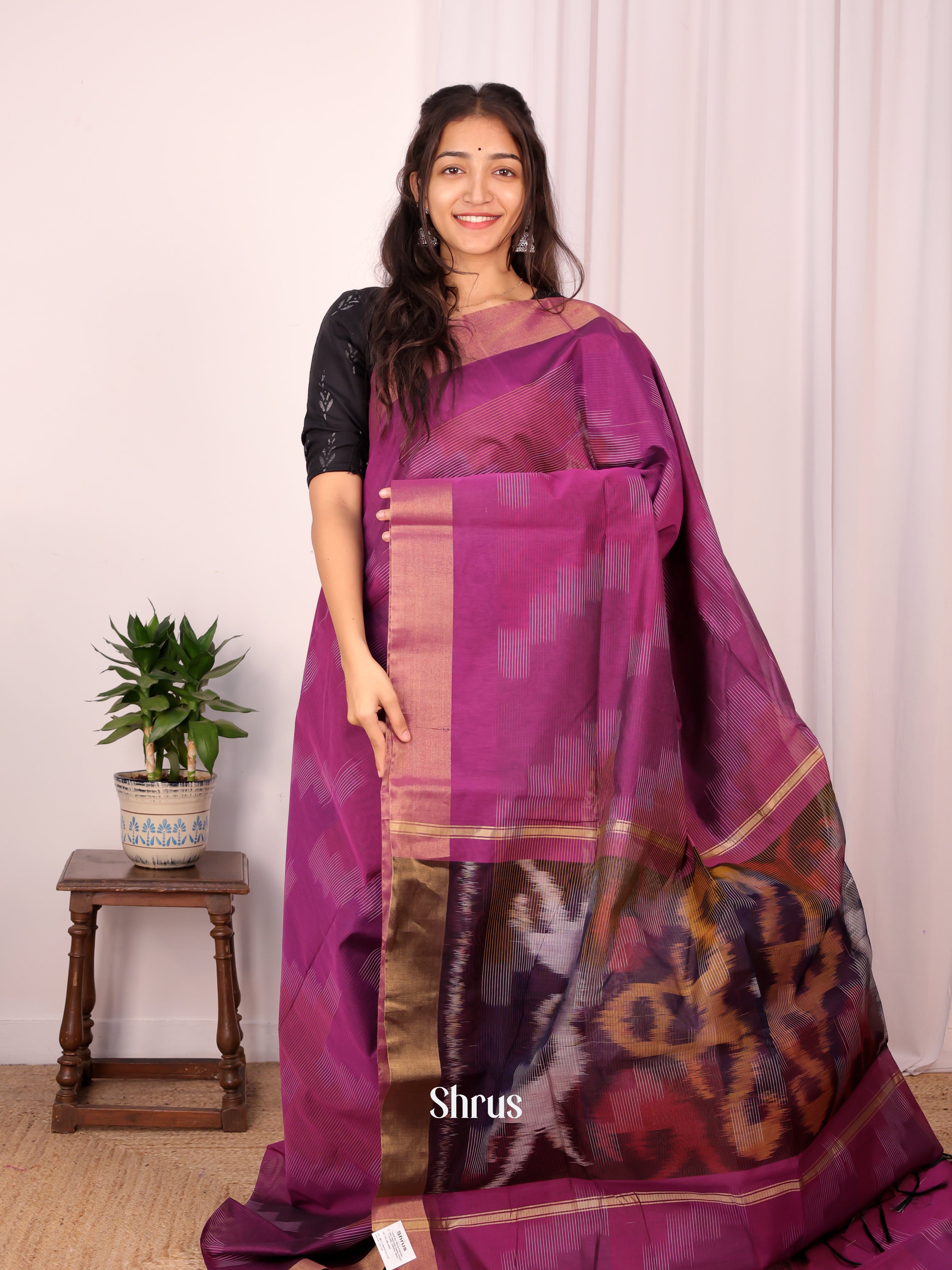 Purple - Ikkat Kora Saree - Shop on Shrus.com