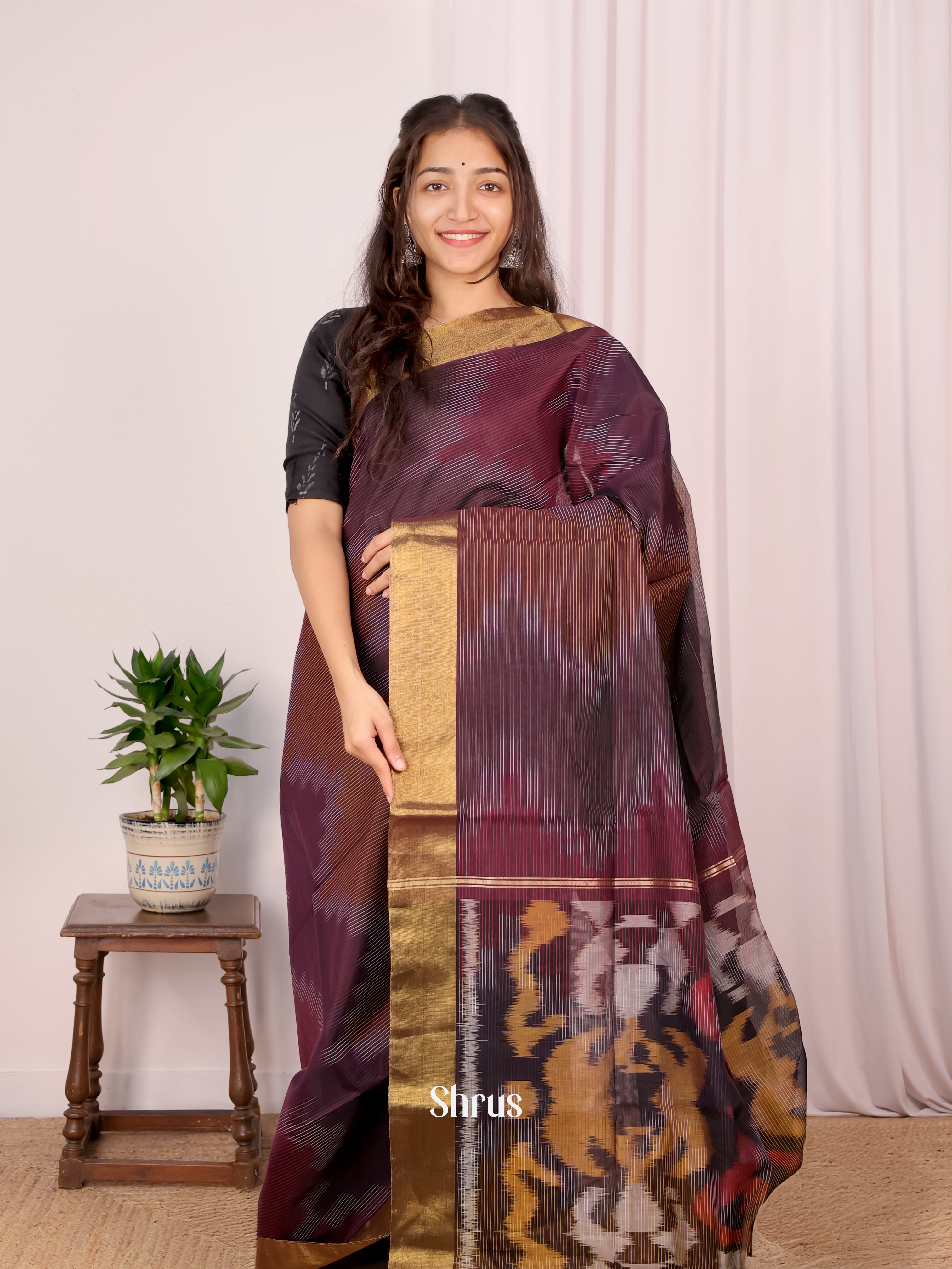 Dark Purple - Ikkat Kora Saree - Shop on Shrus.com