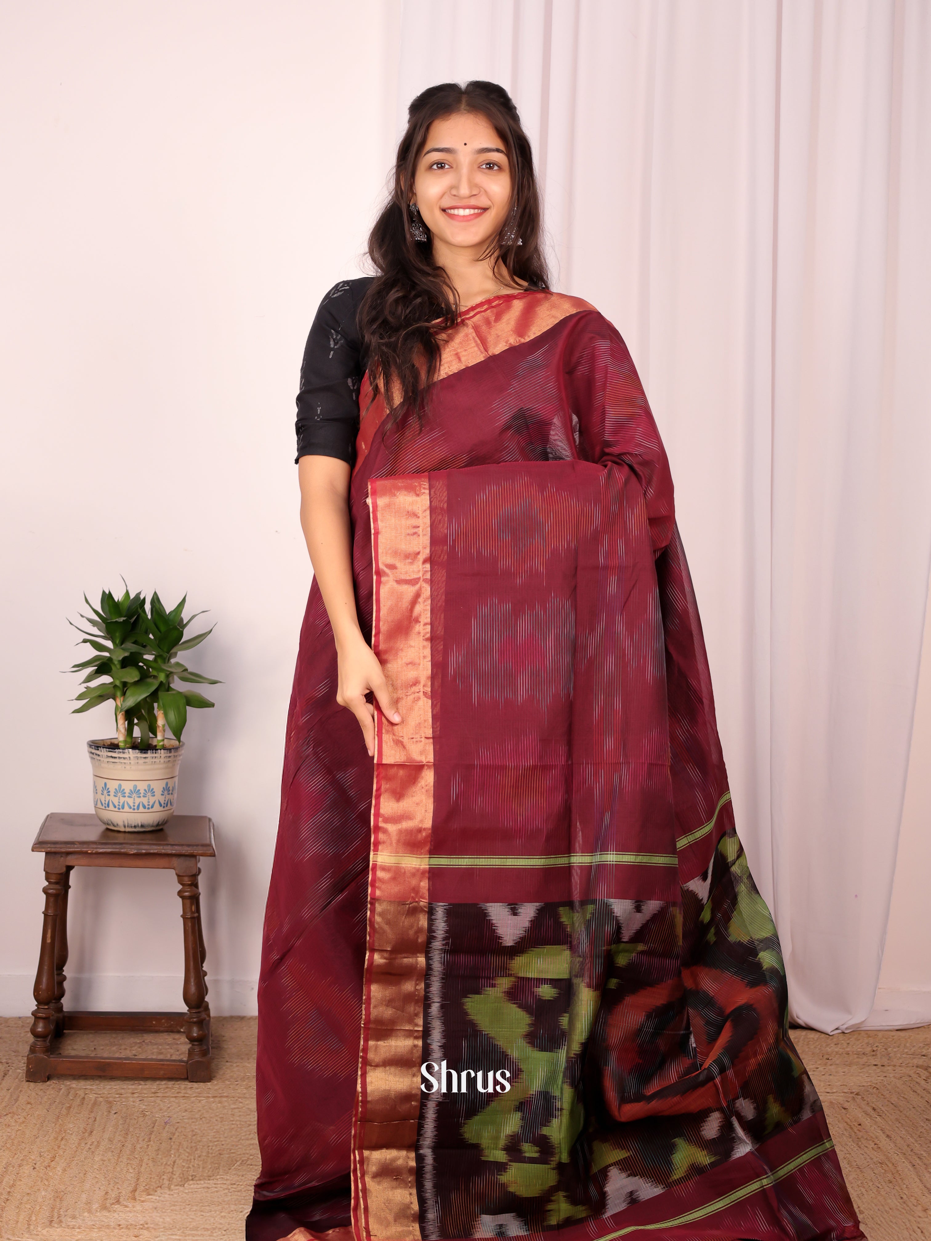 Maroon- Ikkat Kora Saree - Shop on Shrus.com
