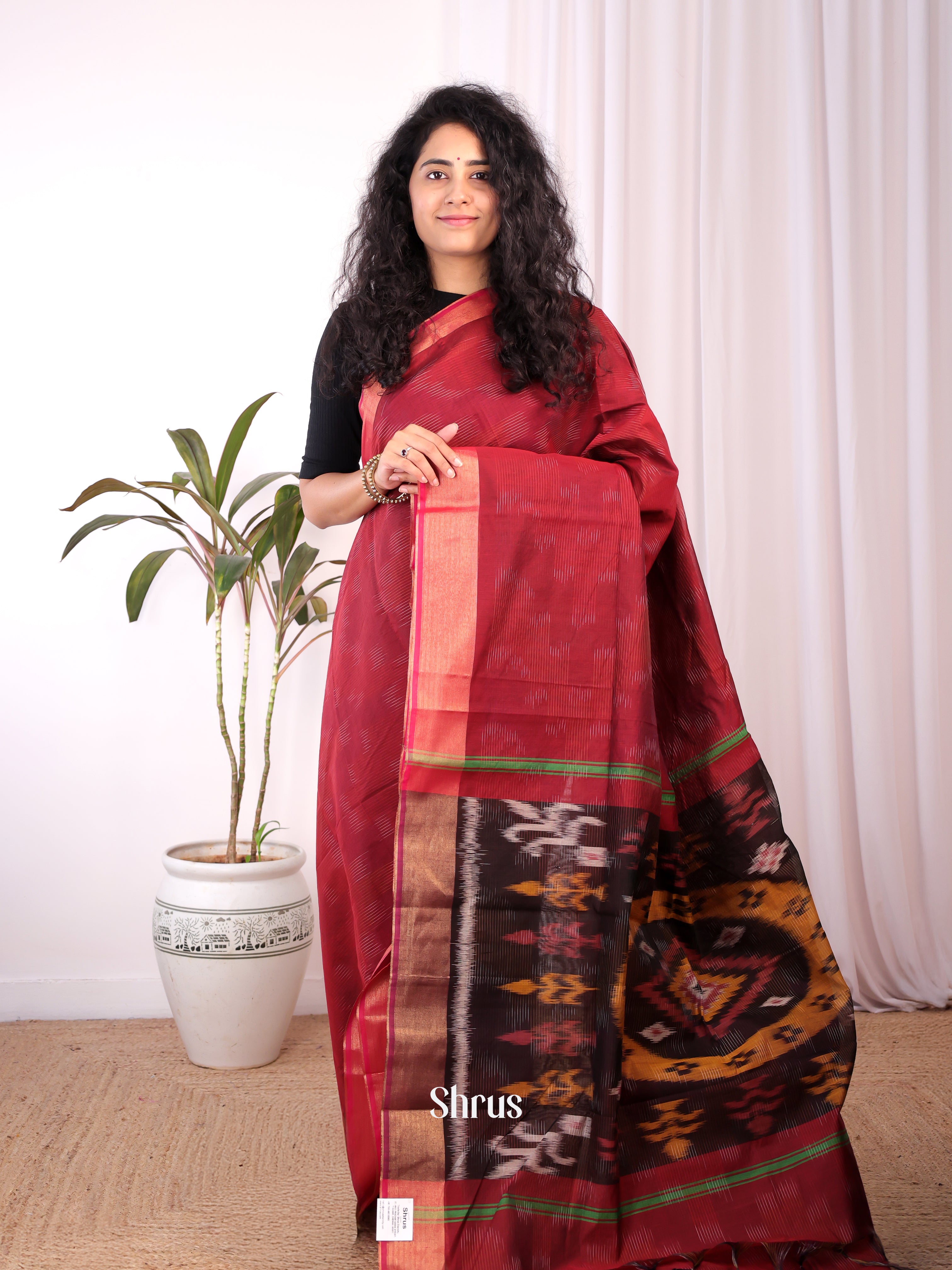 Maroon - Ikkat Kora Saree - Shop on Shrus.com