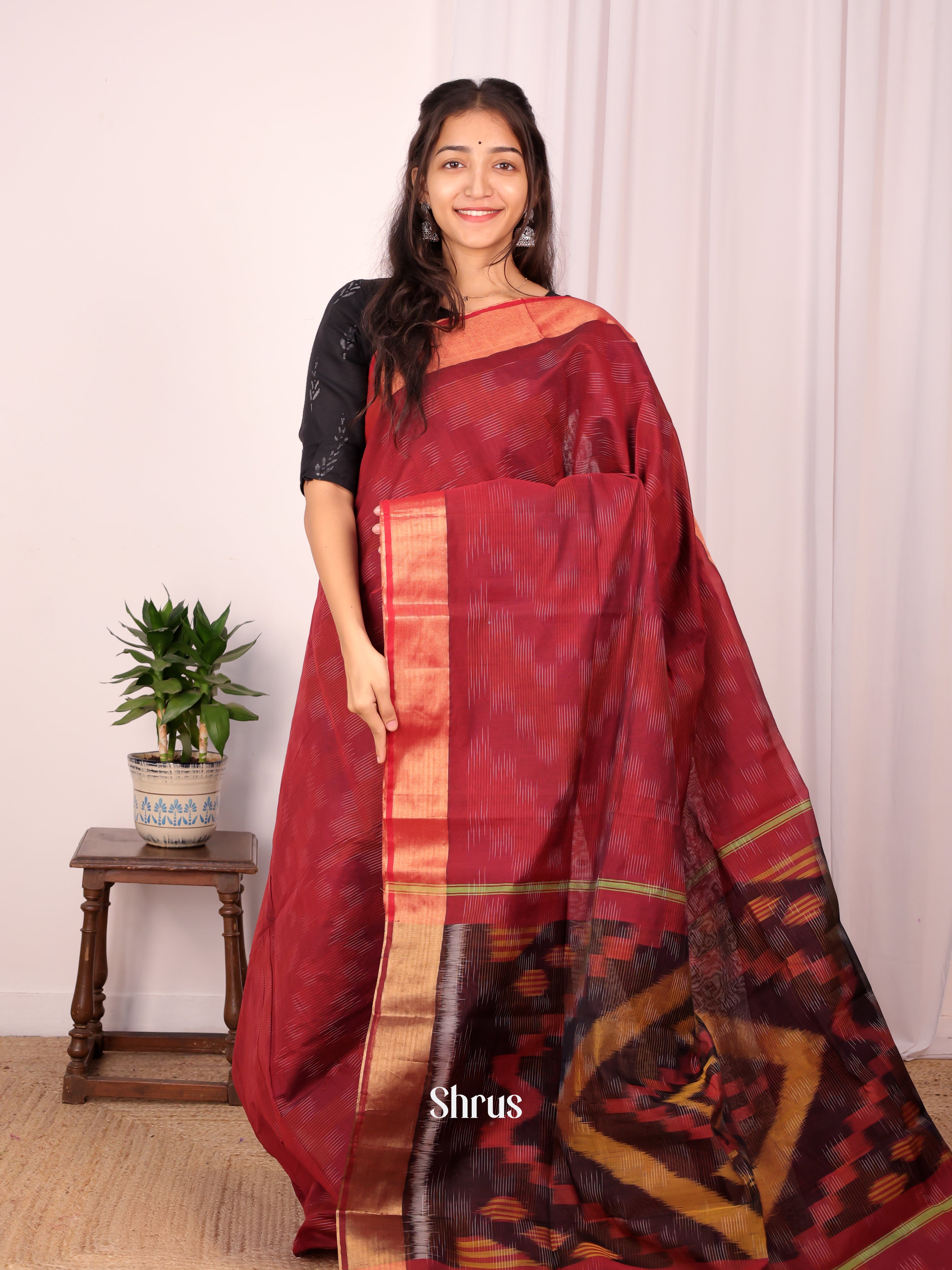 Maroon - Ikkat Kora Saree - Shop on Shrus.com