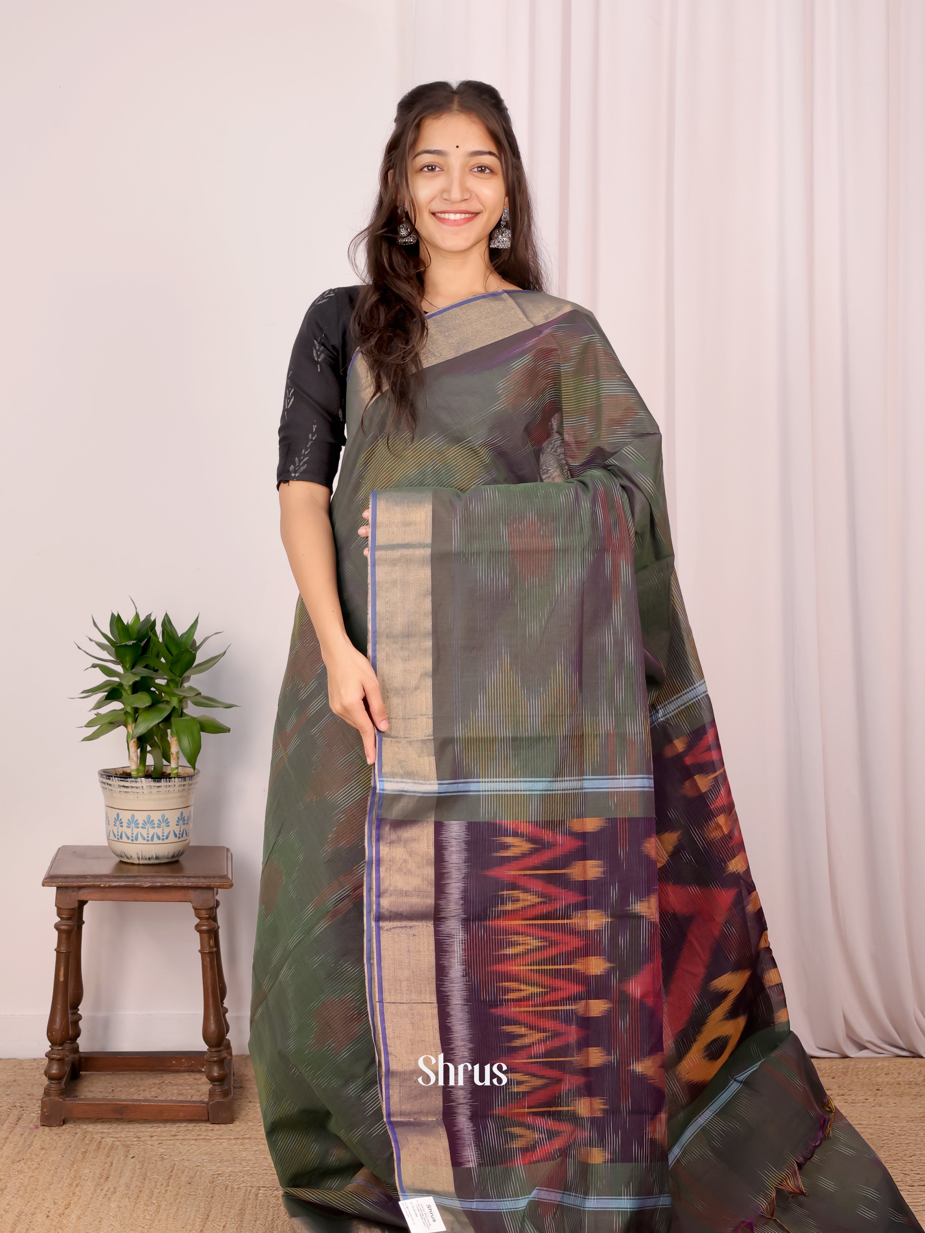 Green & Purple - Ikkat Kora Saree - Shop on Shrus.com