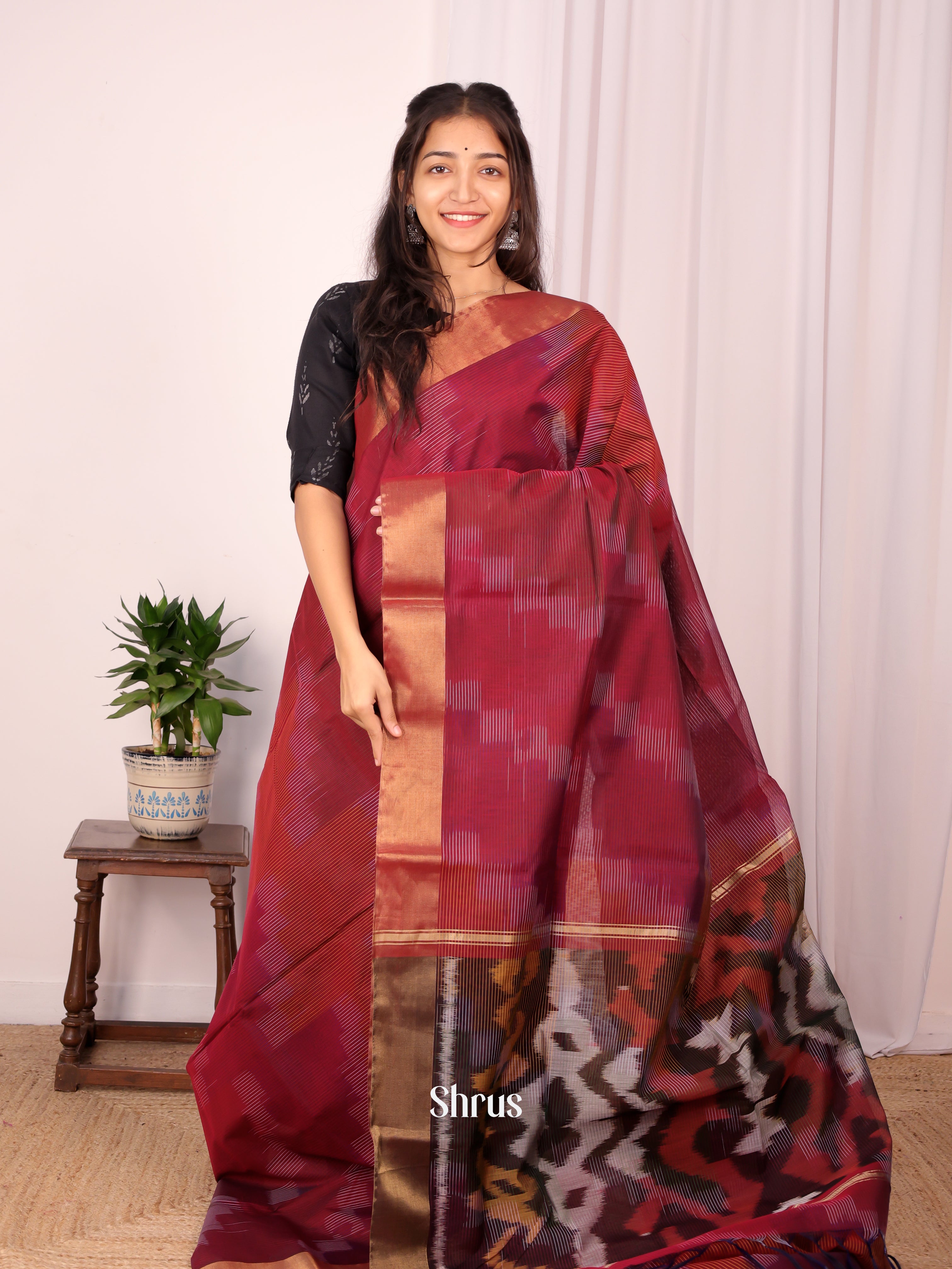 Maroon - Ikkat Kora Saree - Shop on Shrus.com